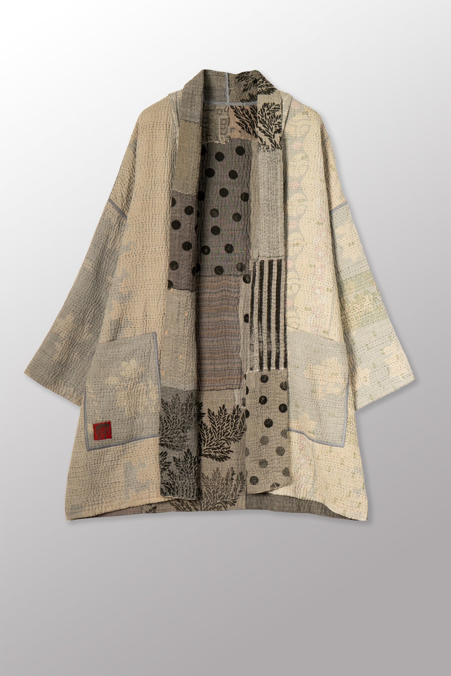 FRAYED PATCH KANTHA WITH STAMP HAORI JACKET - sp-fi4068-gry -