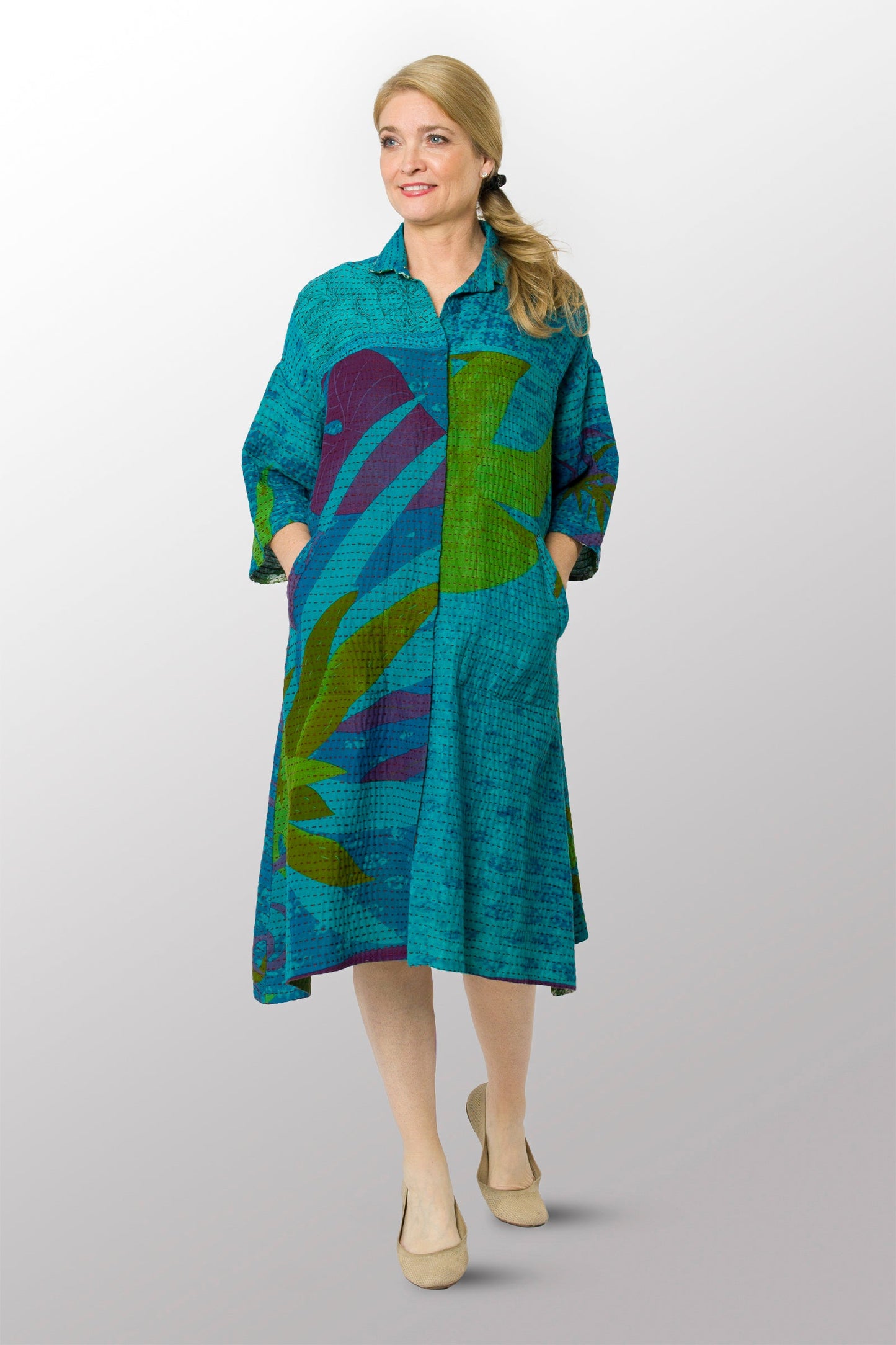 VINTAGE COTTON BBK KANTHA 3/4 SLV. SHIRT DRESS - bb2459-0001s -