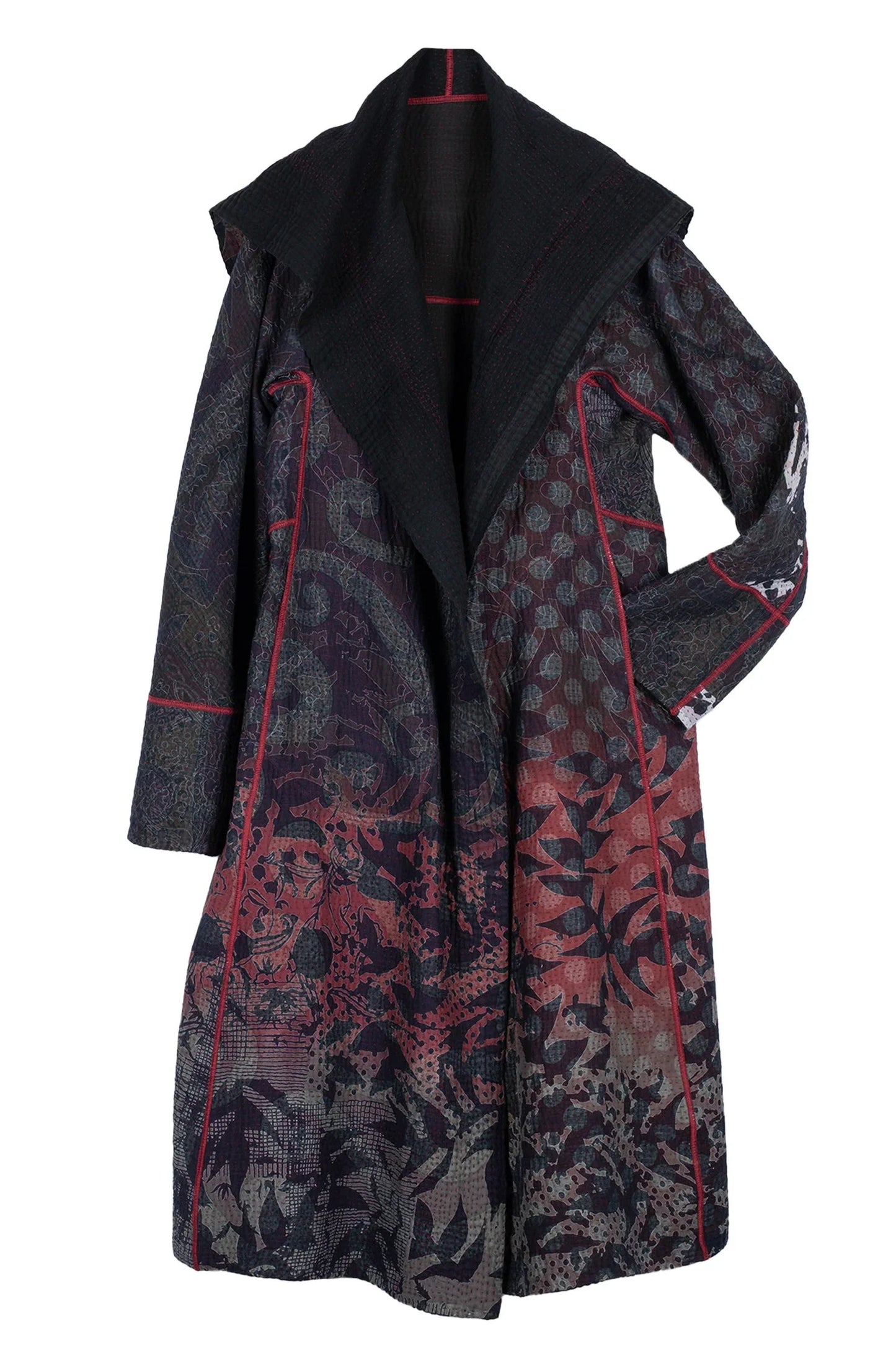 MONOTONE TWILIGHT PRINT KANTHA A-LINE LONG COAT - tp4302-red -