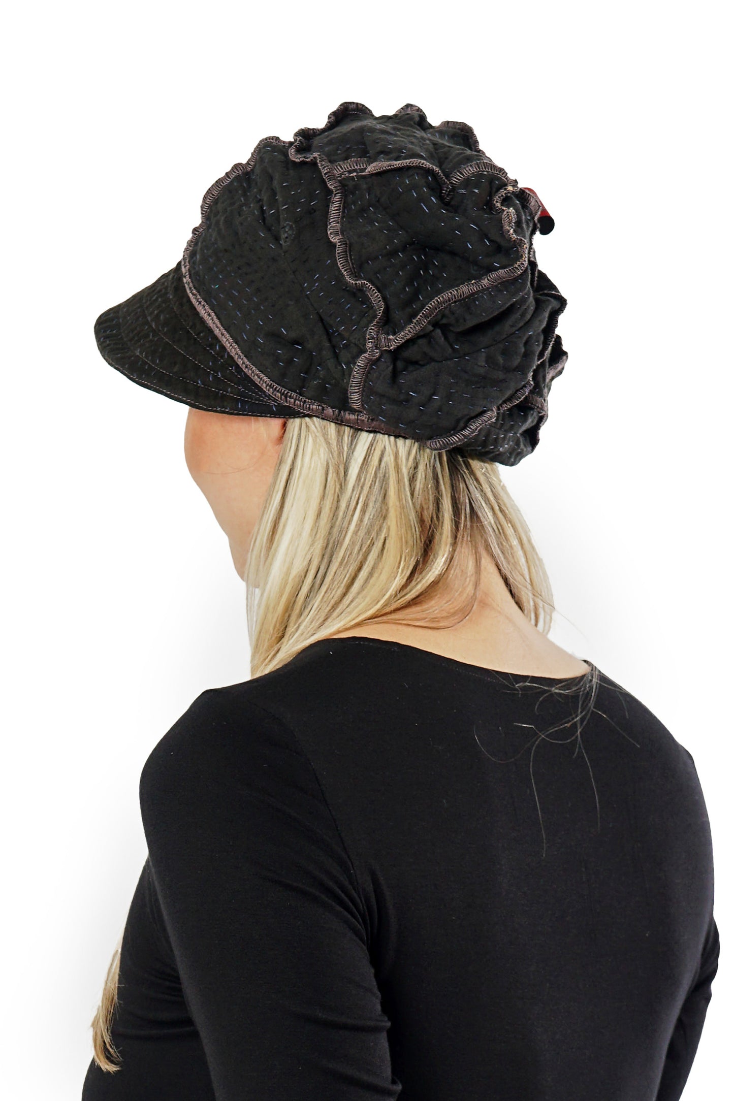 COTTON SILK SW PATCH KANTHA HALF BRIM HAT - ws4881-blk -