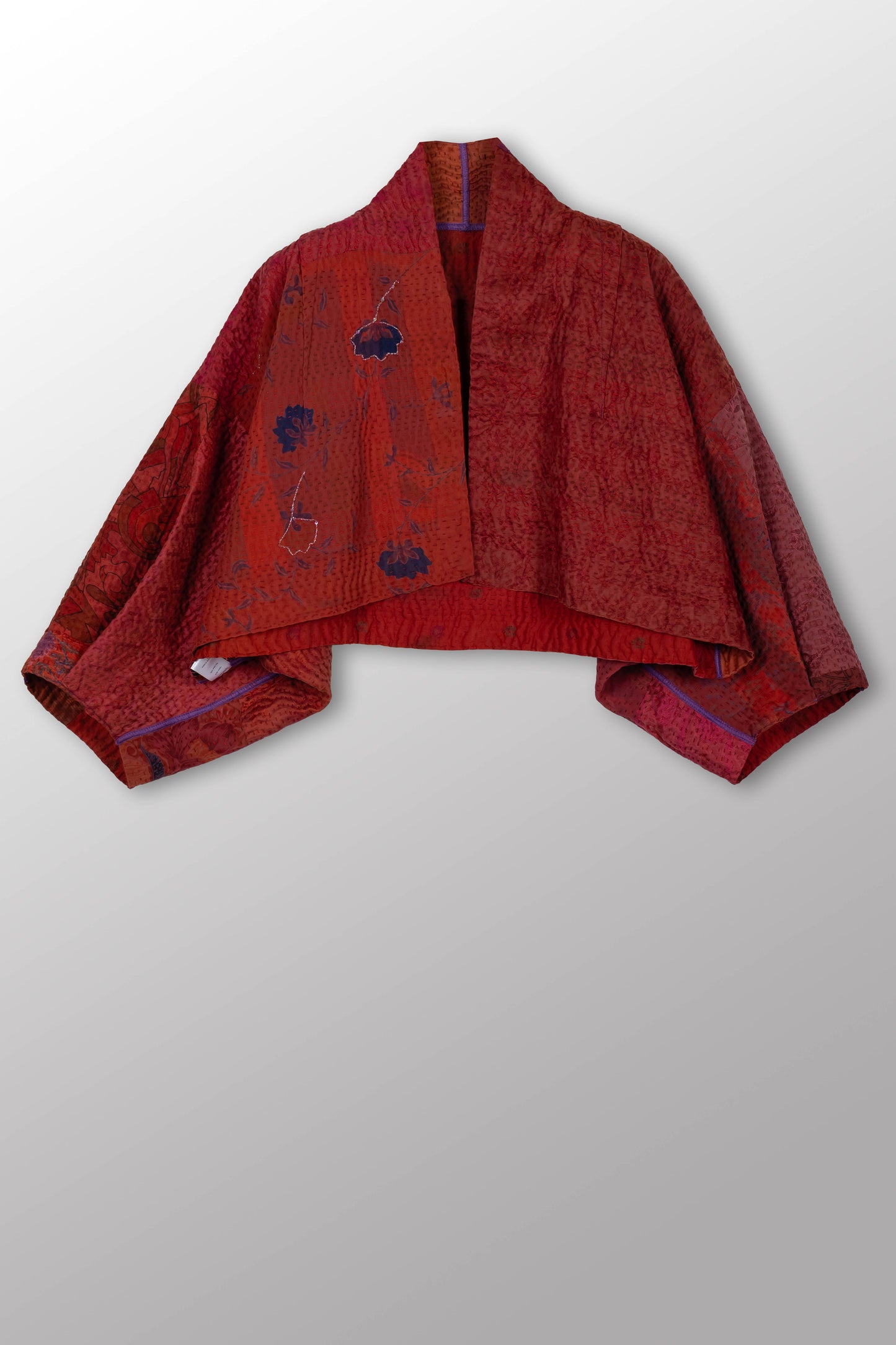 GEORGETTE JACQUARD VINTAGE SILK PATCH KANTHA PUFF SLV. SHRUG - gj4062-org -