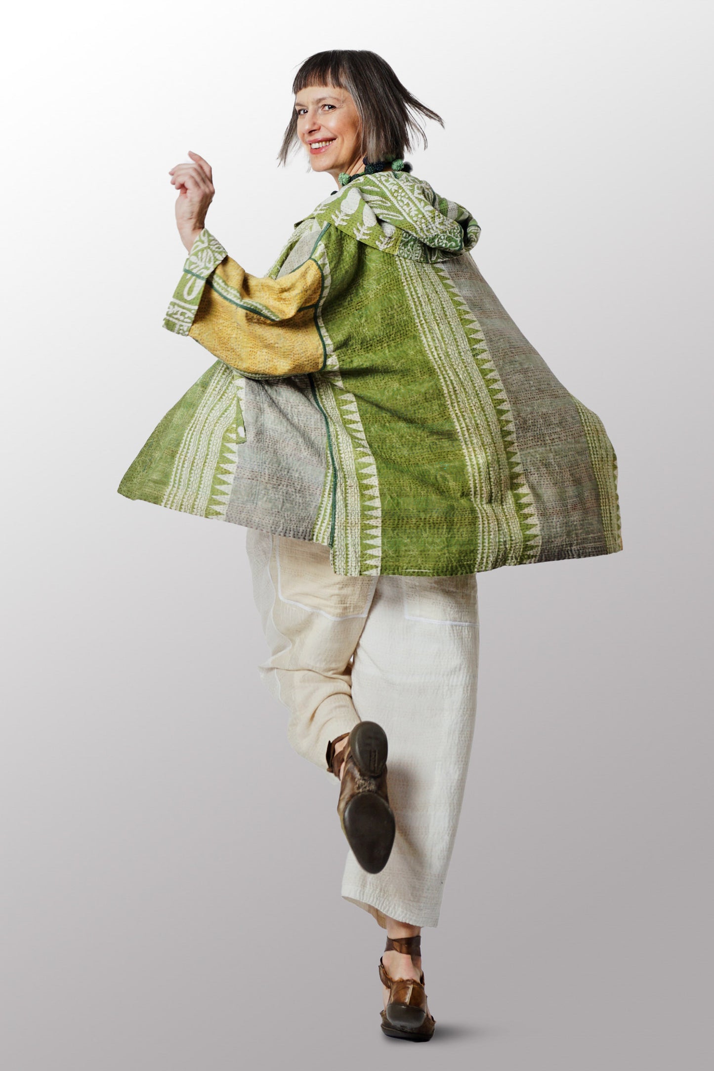 VINTAGE COTTON KANTHA HOODIE PONCHO - cv2064-0004a -