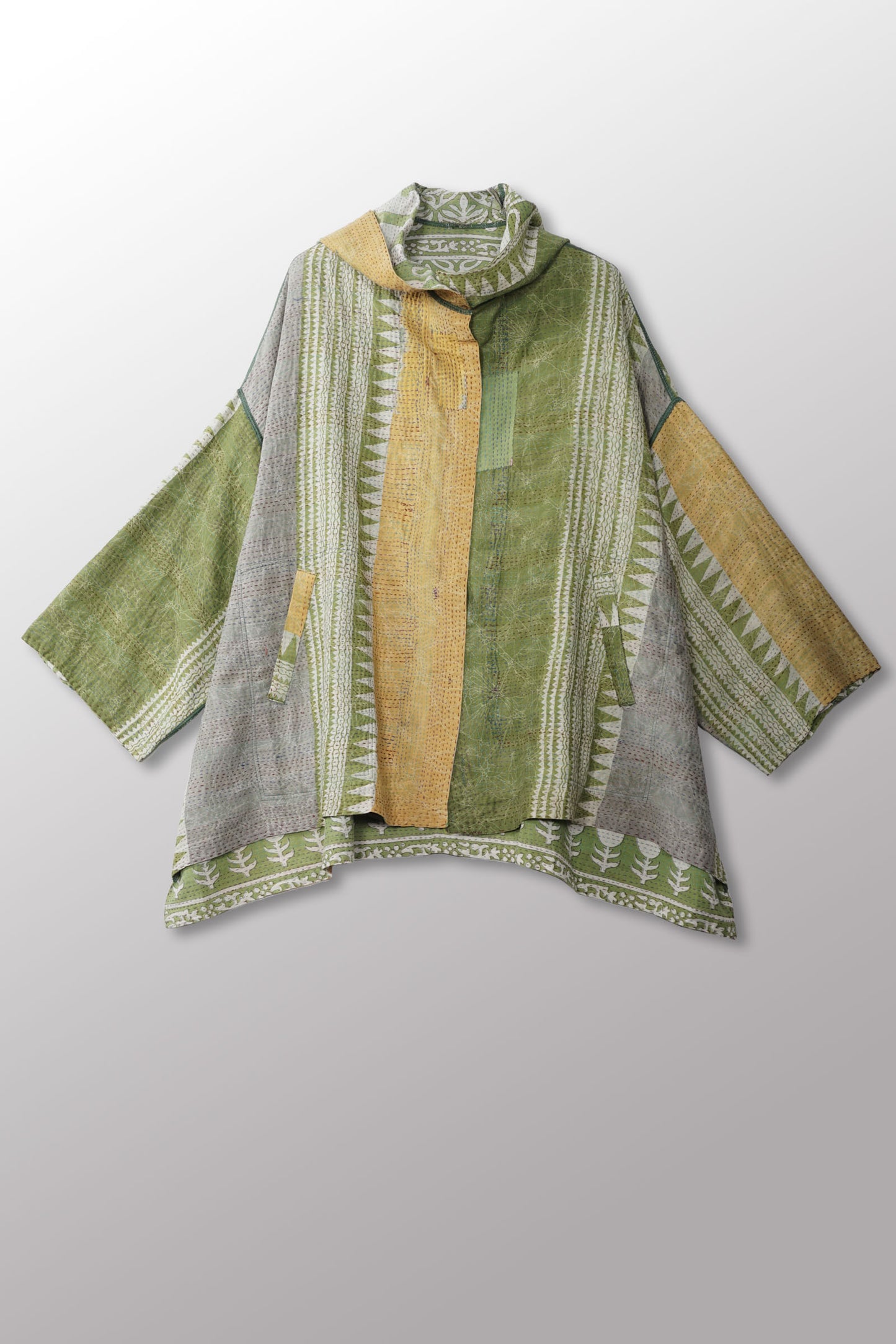 VINTAGE COTTON KANTHA HOODIE PONCHO - cv2064-0004a -