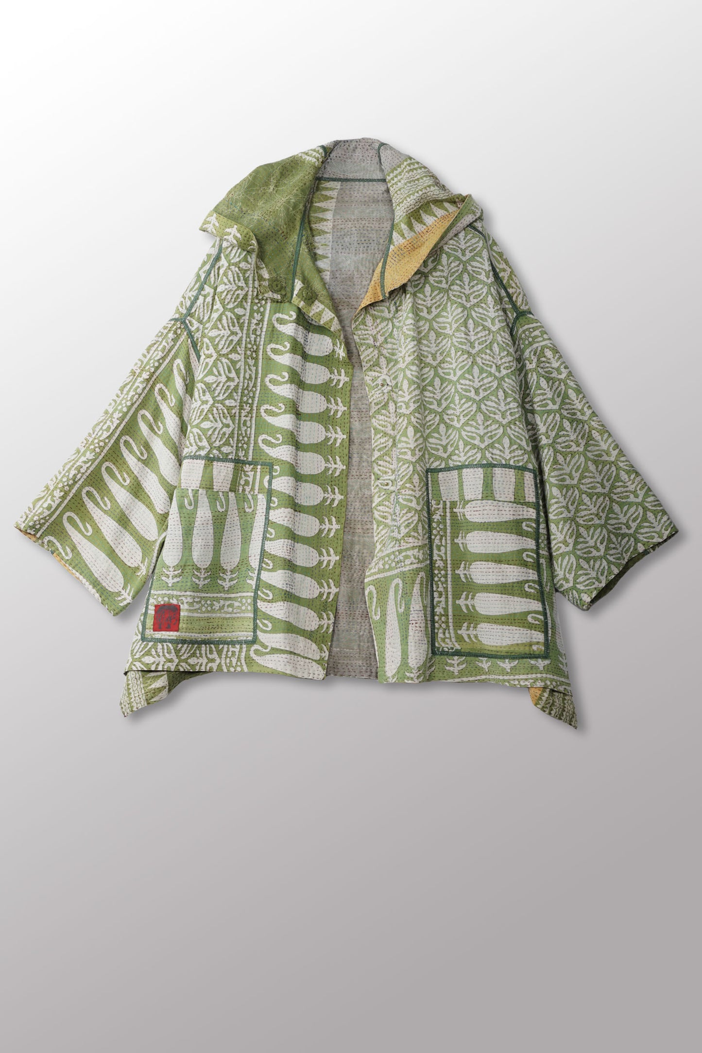 VINTAGE COTTON KANTHA HOODIE PONCHO - cv2064-0004a -