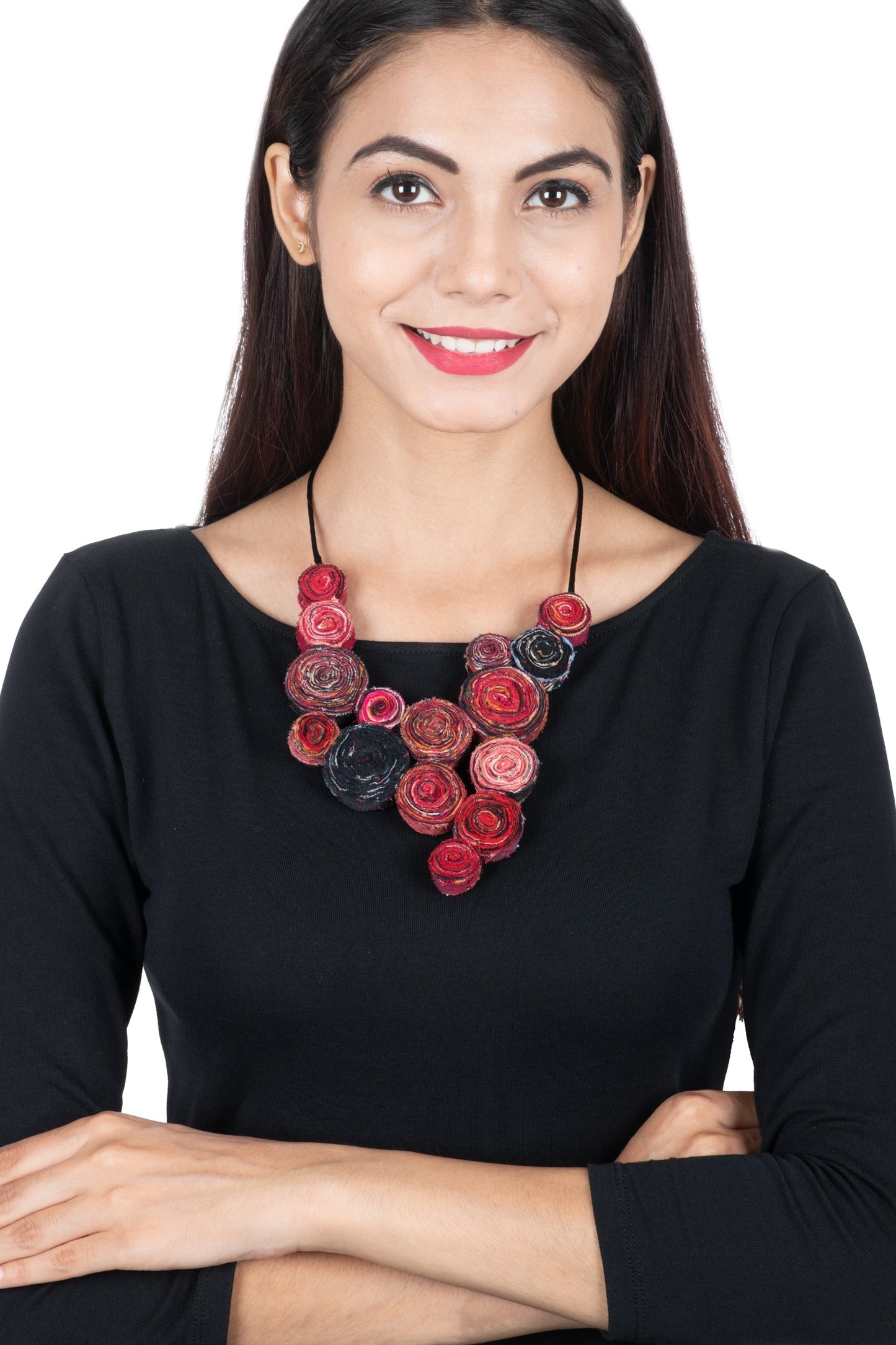 VINTAGE COTTON KANTHA EDDY SHORT NECKLACE - cv2715-red -