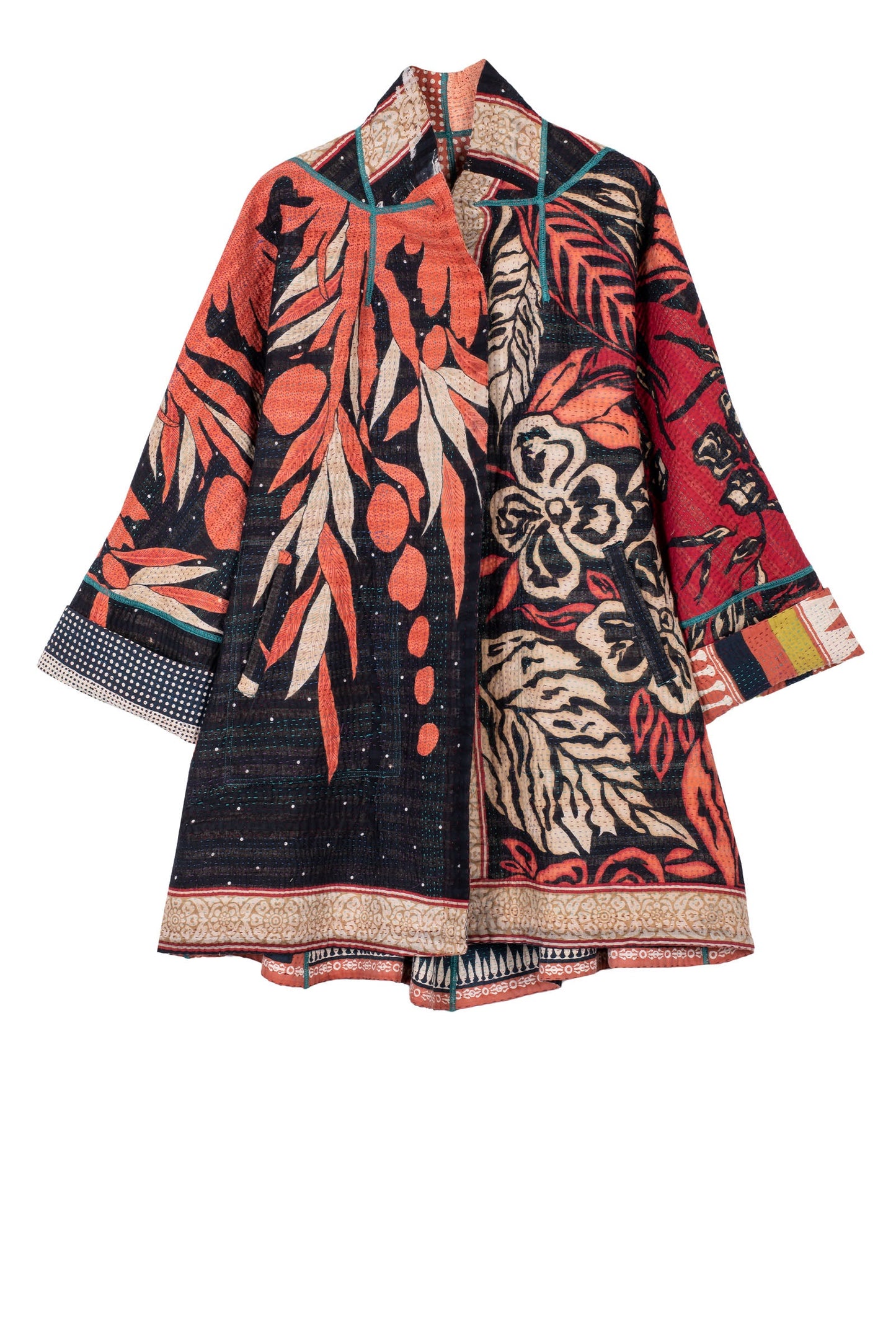 VINTAGE COTTON KANTHA FLARE LONG JACKET - cv4021-5001m -