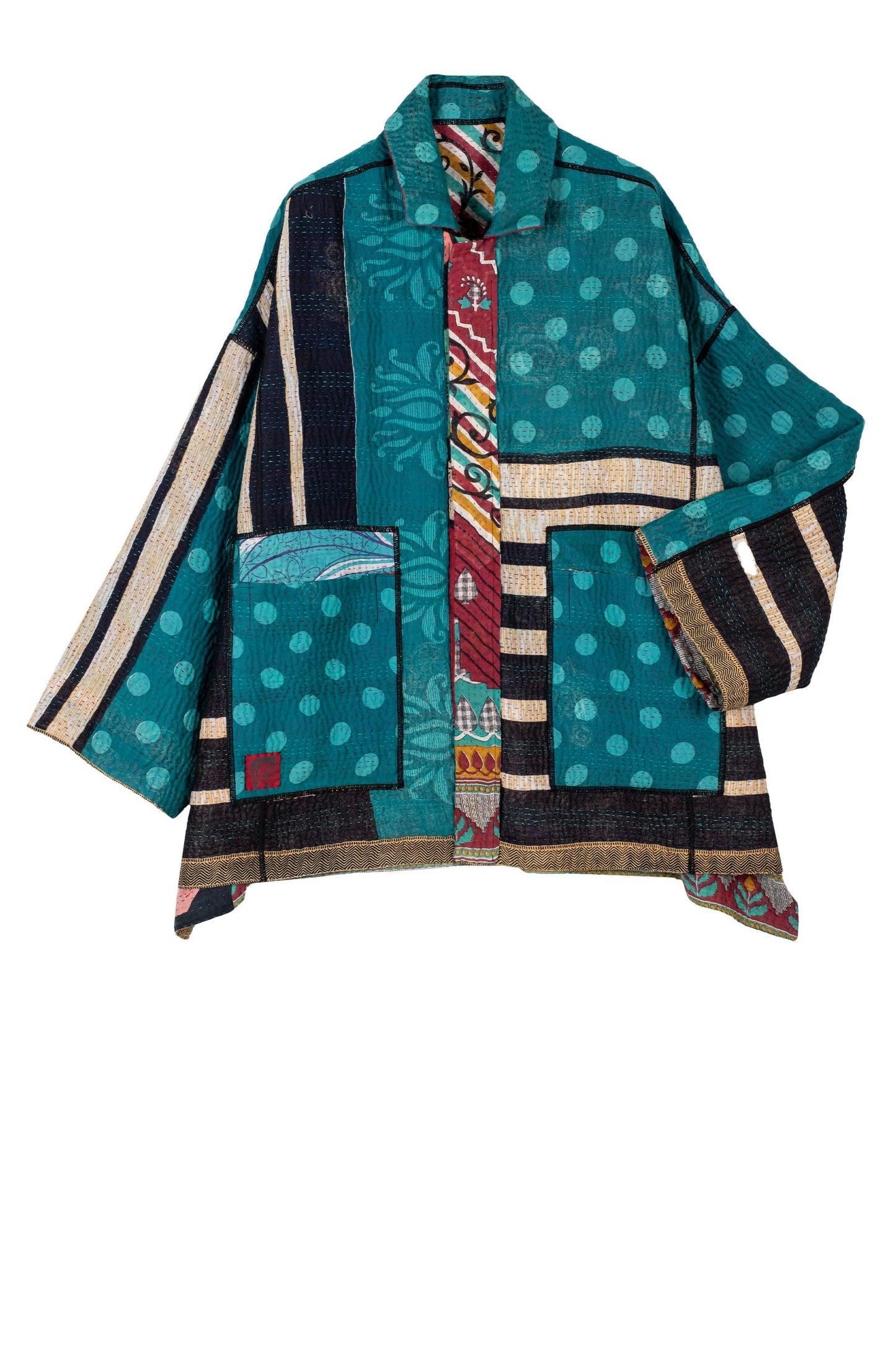 VINTAGE COTTON KANTHA FLARE LONG JACKET - cv4021-5002s -