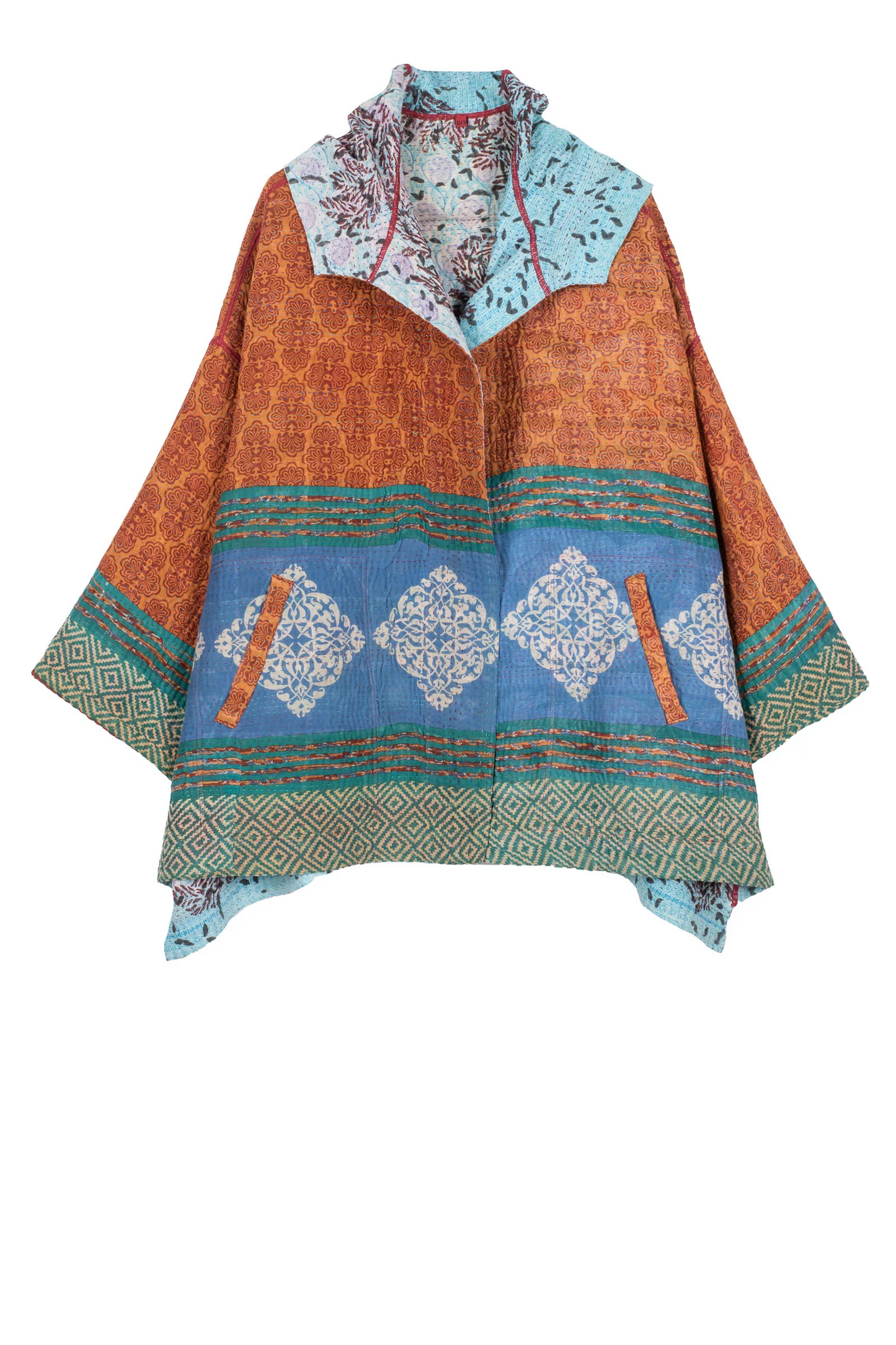 VINTAGE COTTON KANTHA HOODIE PONCHO - cv4064-5001a -