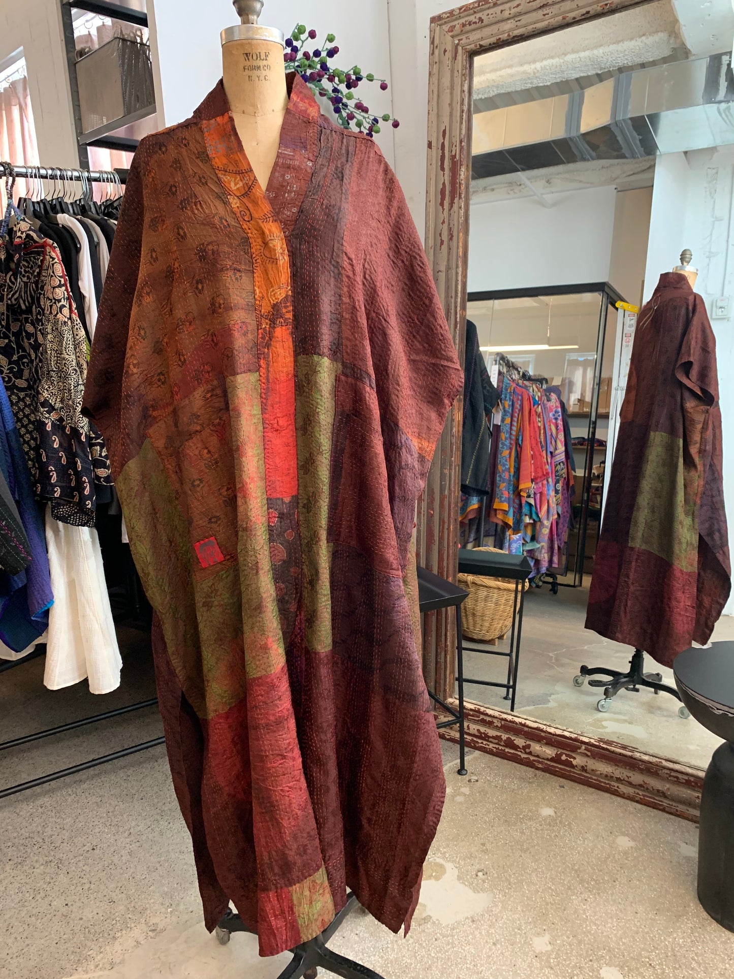 JACQUARD SILK PATCH TIE DYE CIRCLE SHIBORI KANTHA PONCHO DRESS - wj2443-brn -