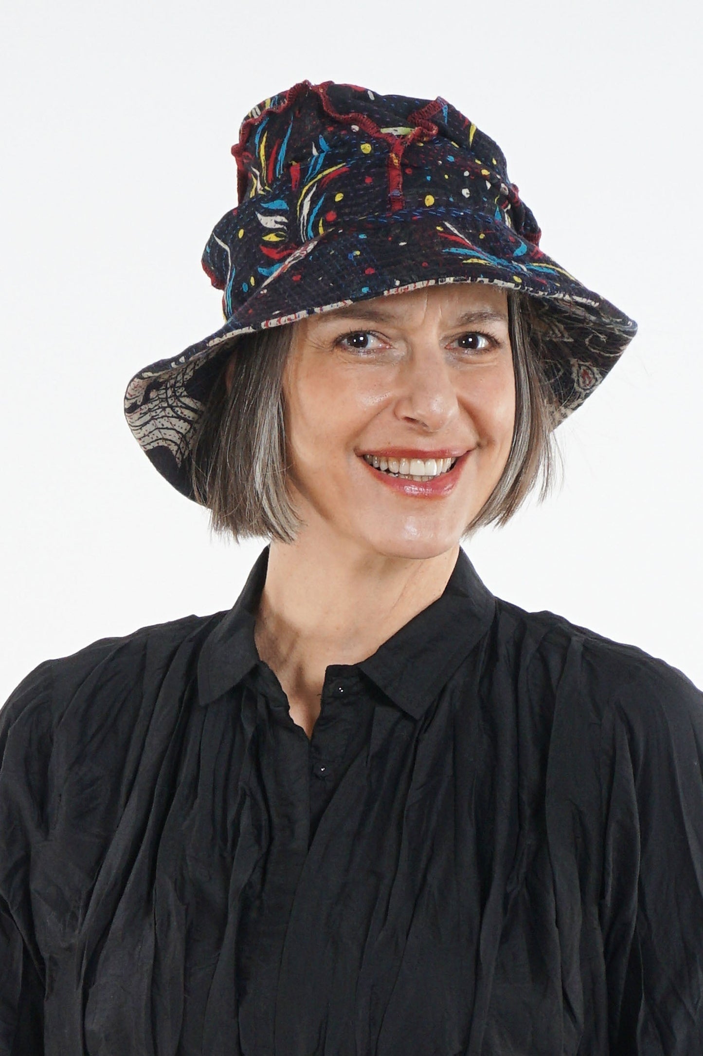 PATCHED & LEAVES KANTHA FULL BRIM HAT - pl2889-blk -