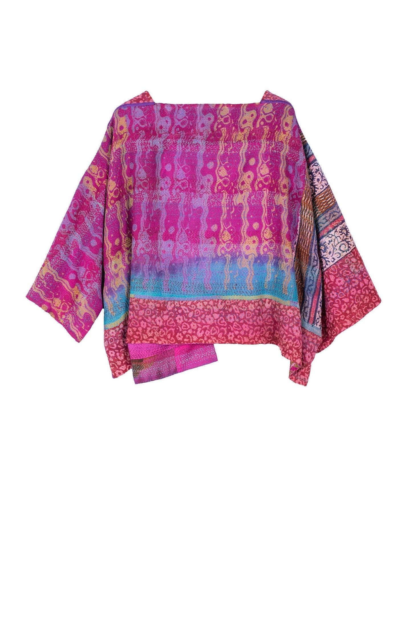 GEORGETTE VINTAGE SILK PATCH KANTHA 3/4 SLV. CROP TOP - gs2528-pik -