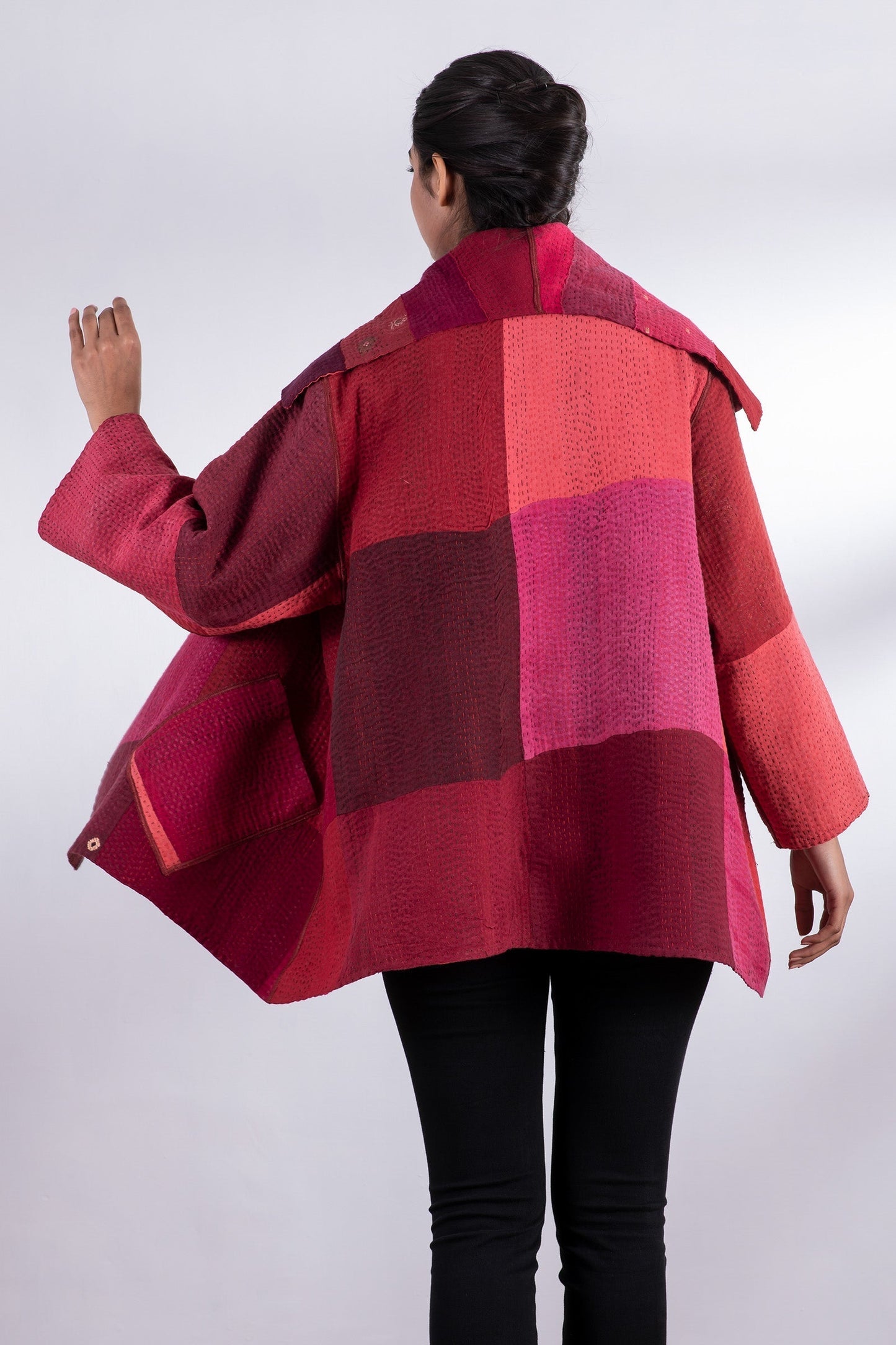 STRIPE AND CHECK COTTON SILK PATCH KANTHA FLARE JACKET - ss4010-red -