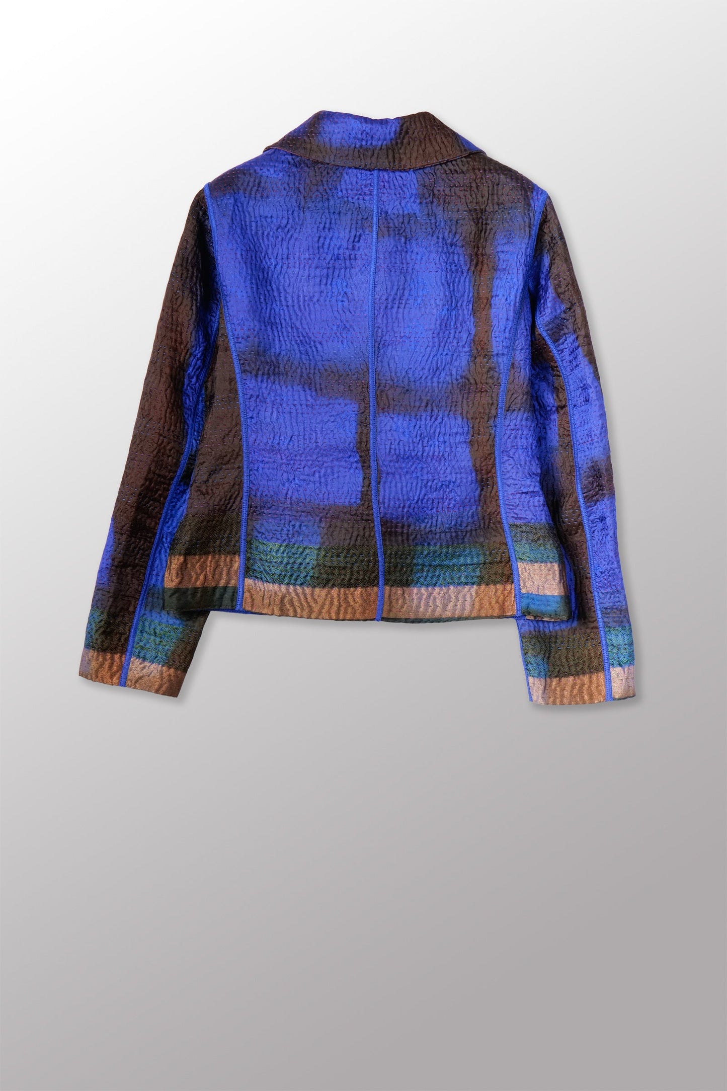 VINTAGE JACQUARD CLAMP DYE WITH PRINTED SILK KANTHA CROPPED BASIC JACKET - jk4096-0002m -