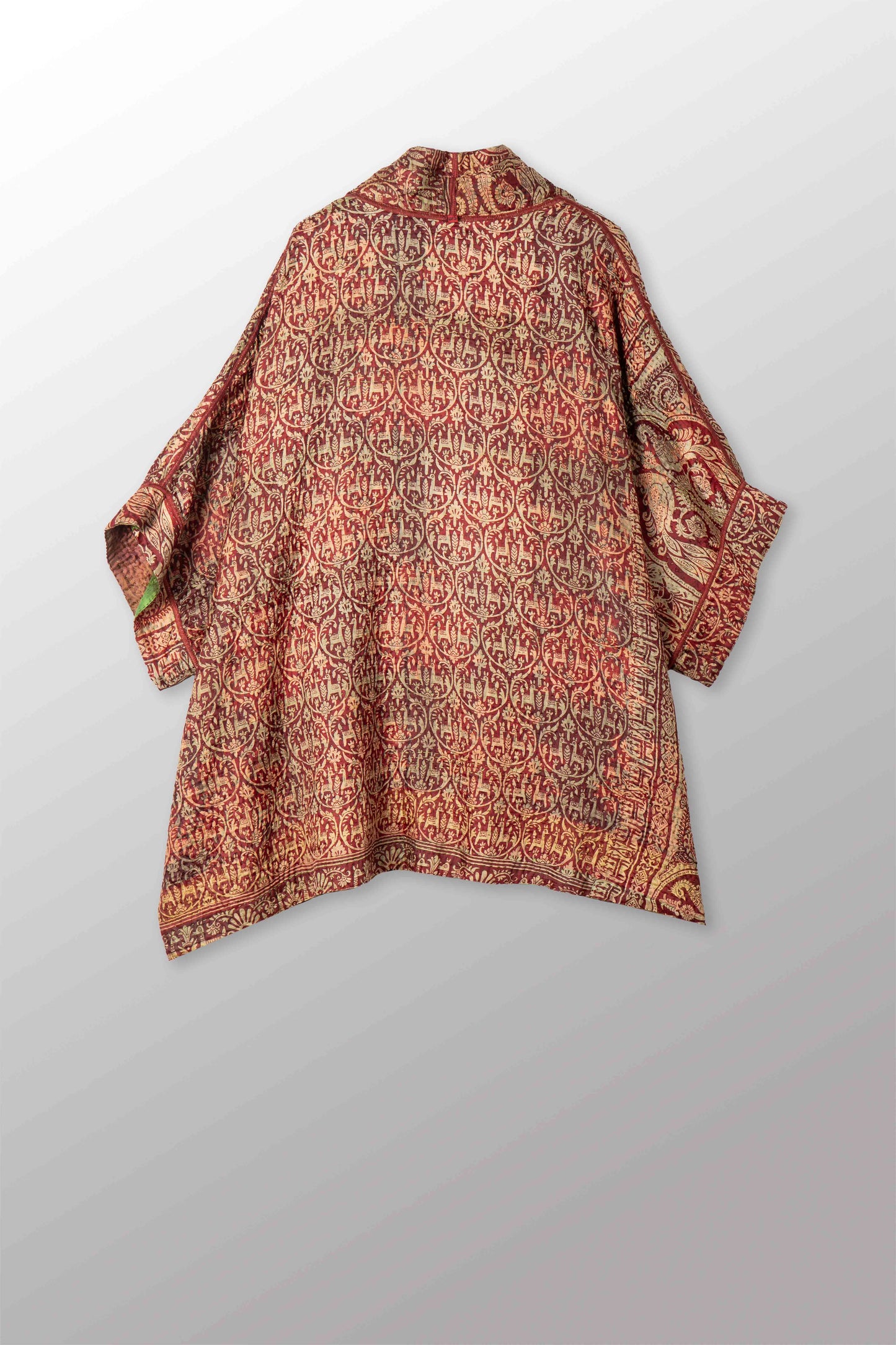 VINTAGE JACQUARD CLAMP DYE WITH PRINTED SILK KANTHA DOUBLE COLLAR PONCHO - jk4323-0001a -