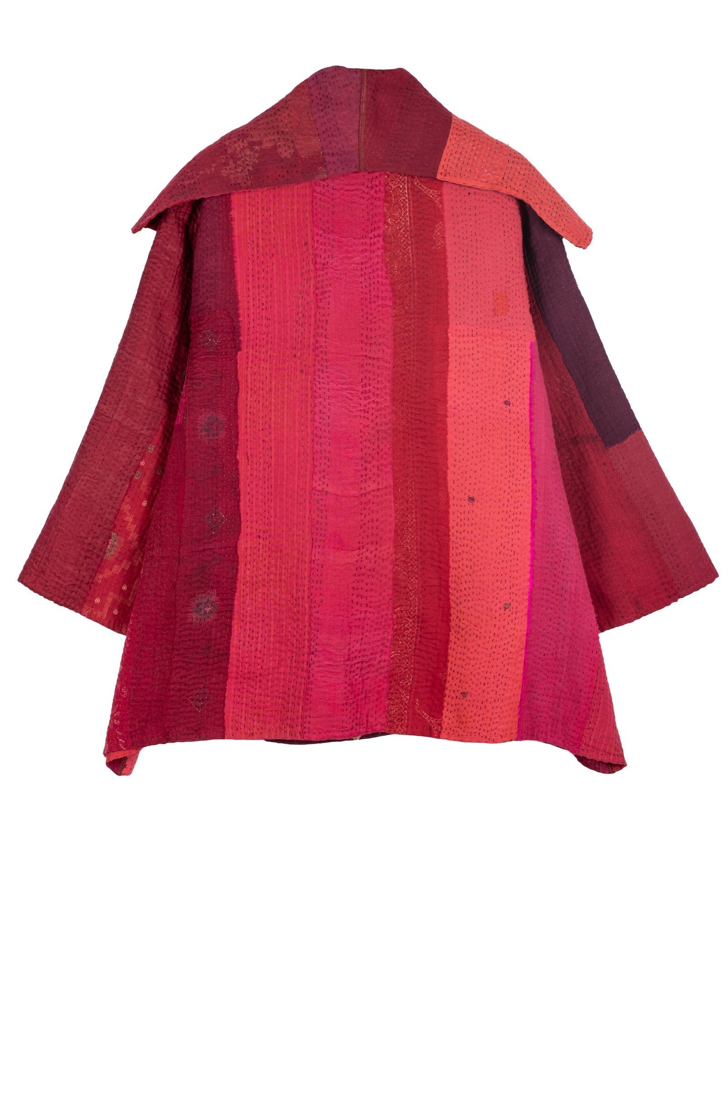 STRIPE AND CHECK COTTON SILK PATCH KANTHA FLARE JACKET - ss4010-red -