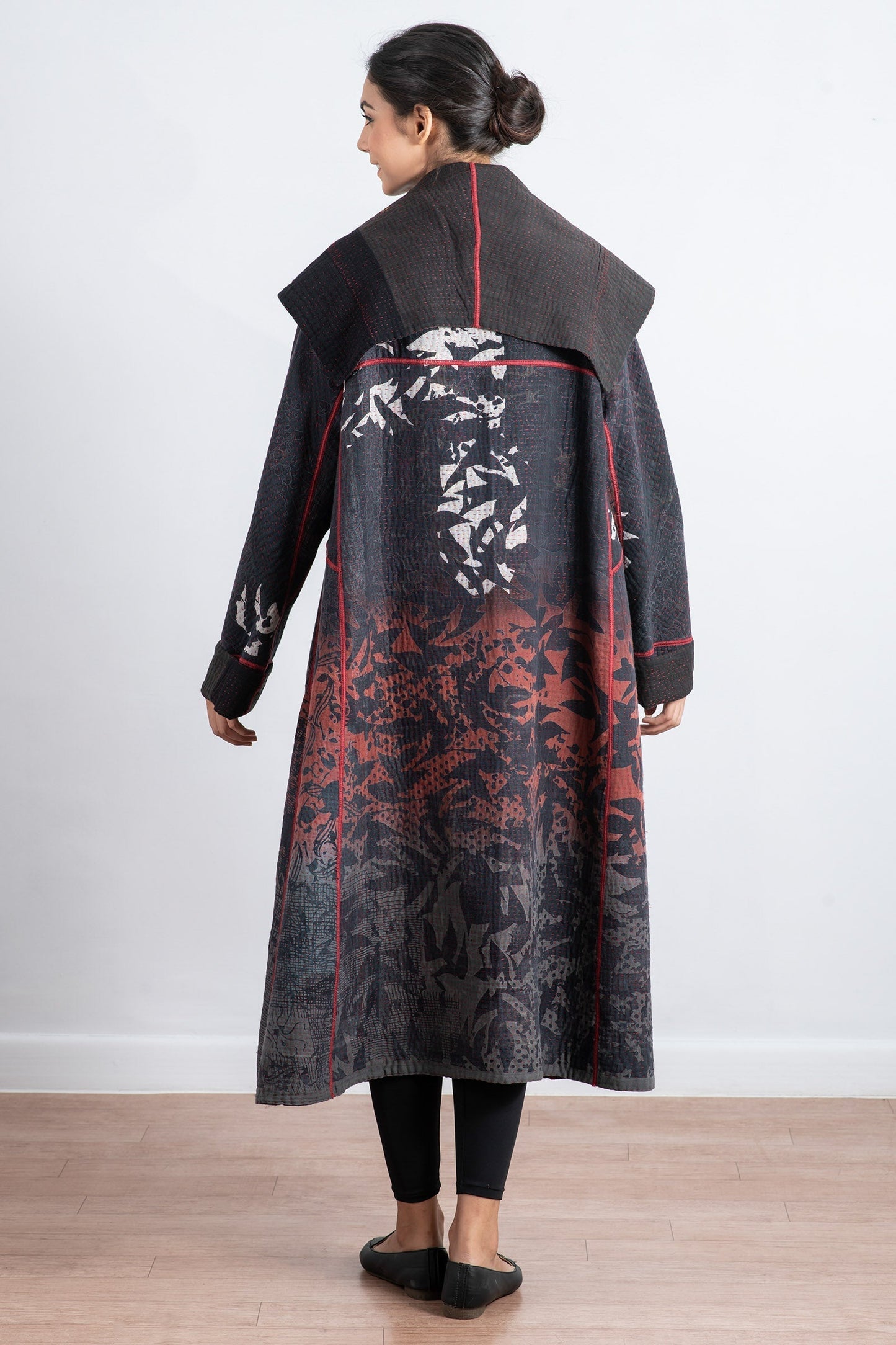 MONOTONE TWILIGHT PRINT KANTHA A-LINE LONG COAT - tp4302-red -