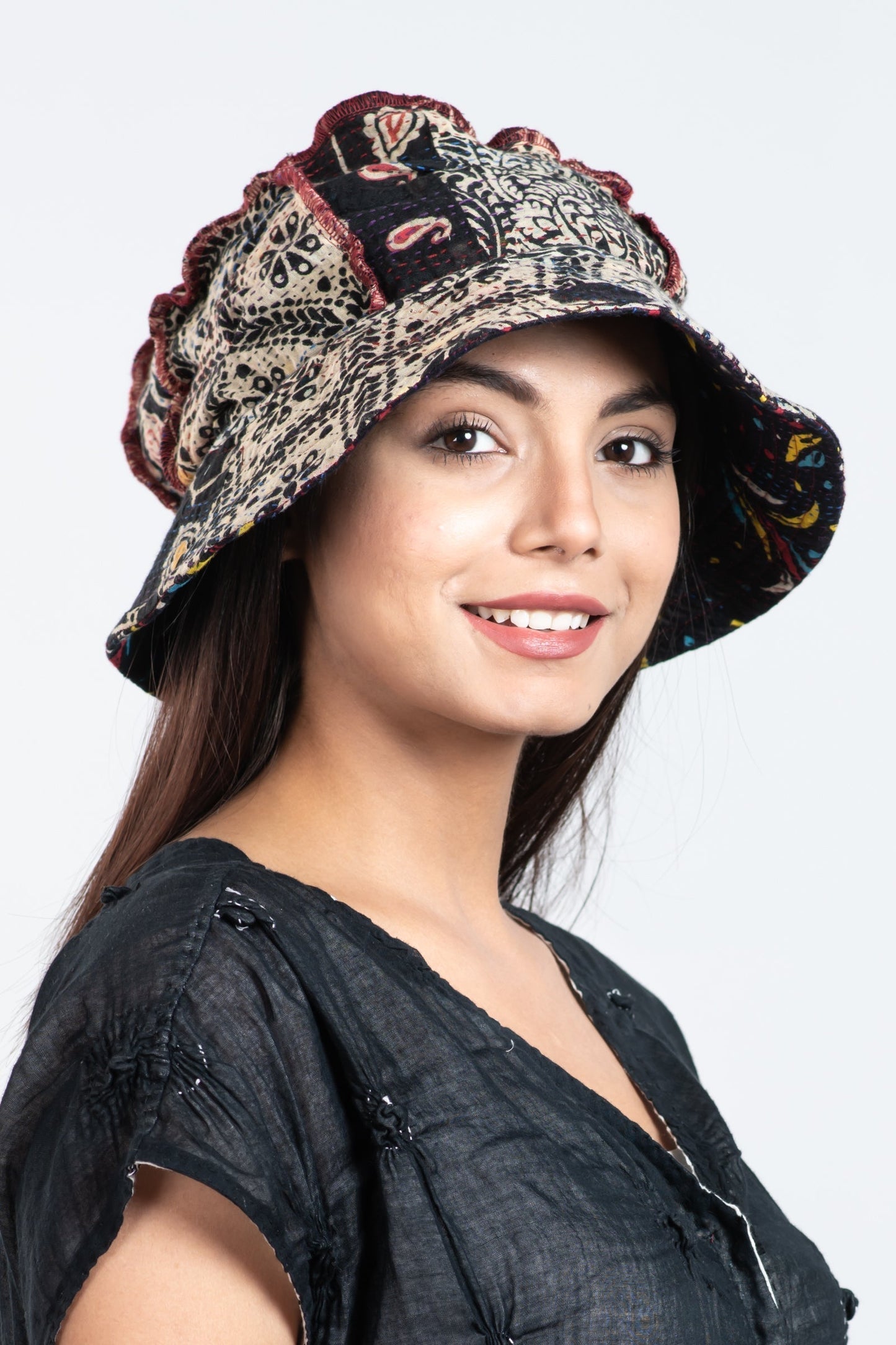 PATCHED & LEAVES KANTHA FULL BRIM HAT - pl2889-blk -