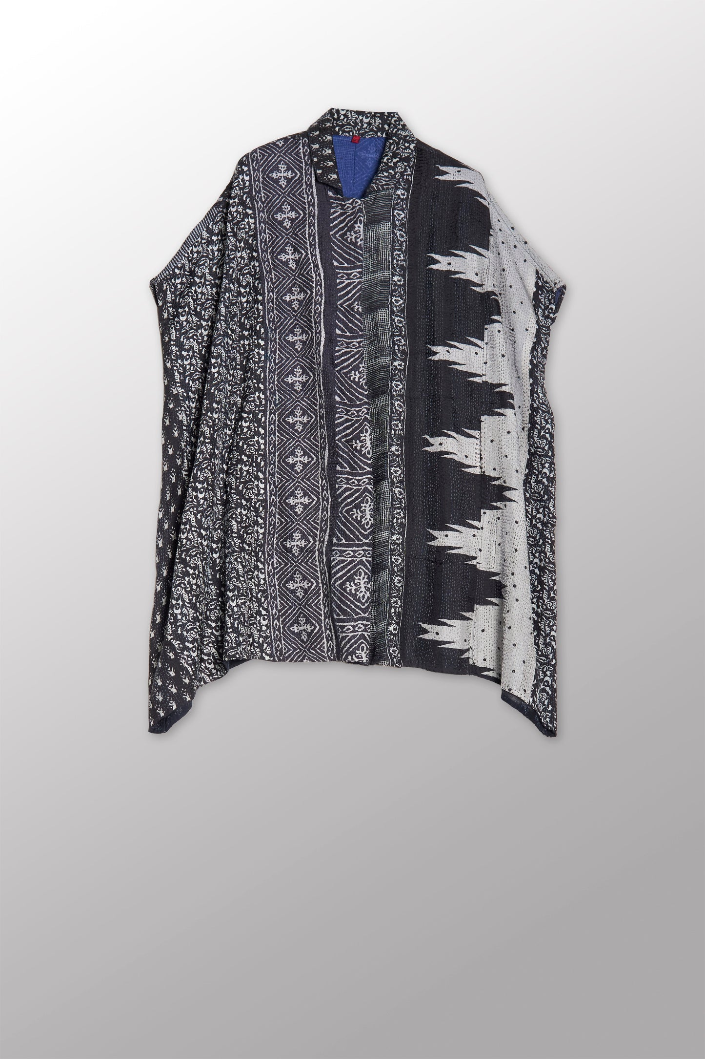 SILK COTTON OMBRE PRINT KANTHA SHIRT PONCHO - os2545-blk -