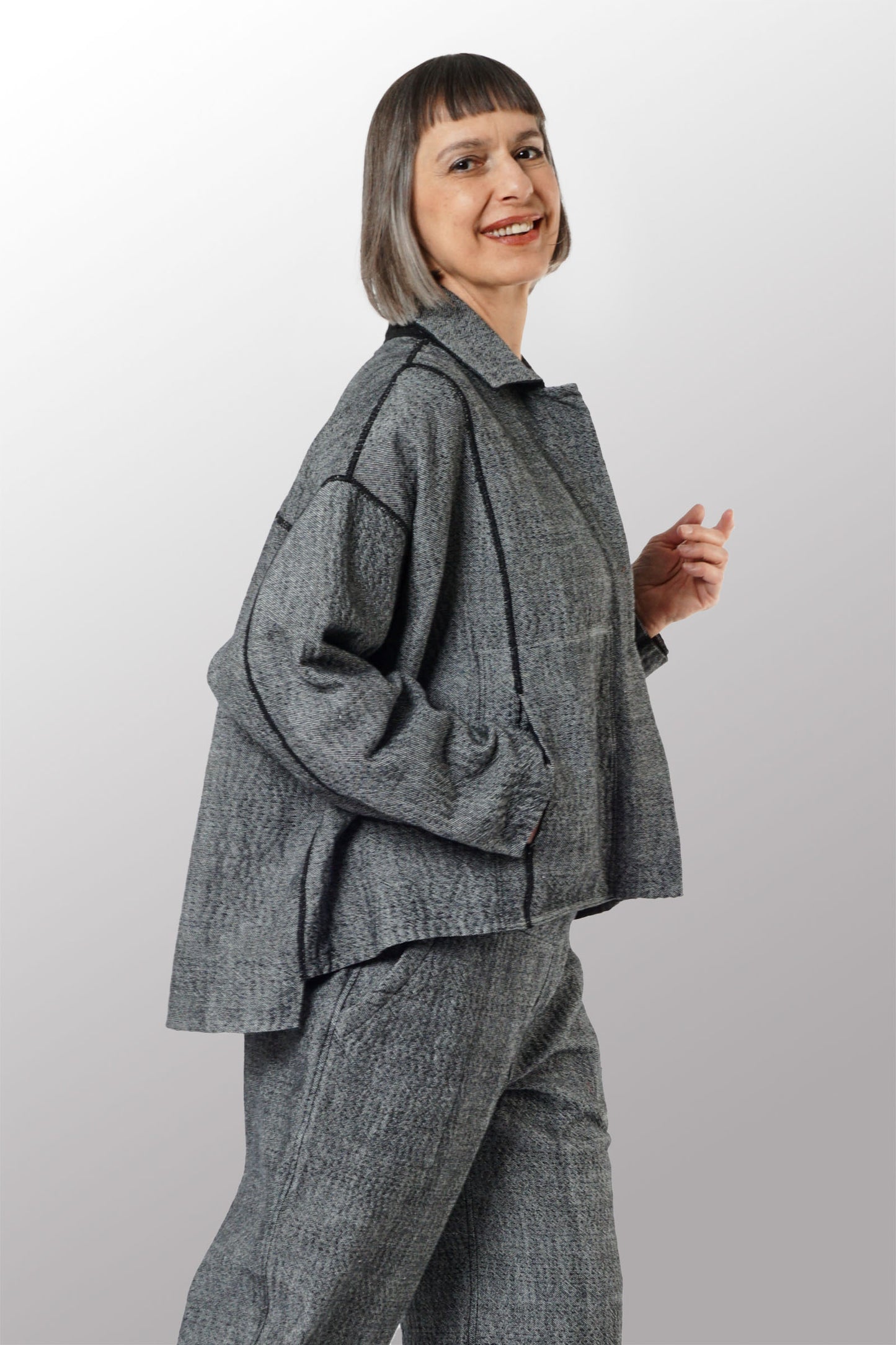 DENIM KANTHA CROPPED SHIRT JACKET - dn3075-gry -