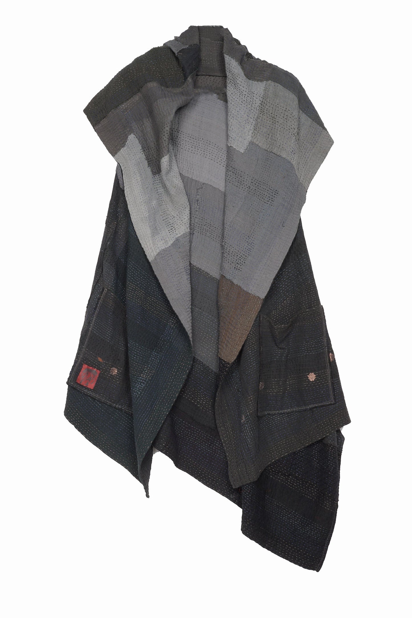 LANDSCAPE FRAYED PATCH KANTHA SLANT HEM HOODED VEST - lf2212-gry -