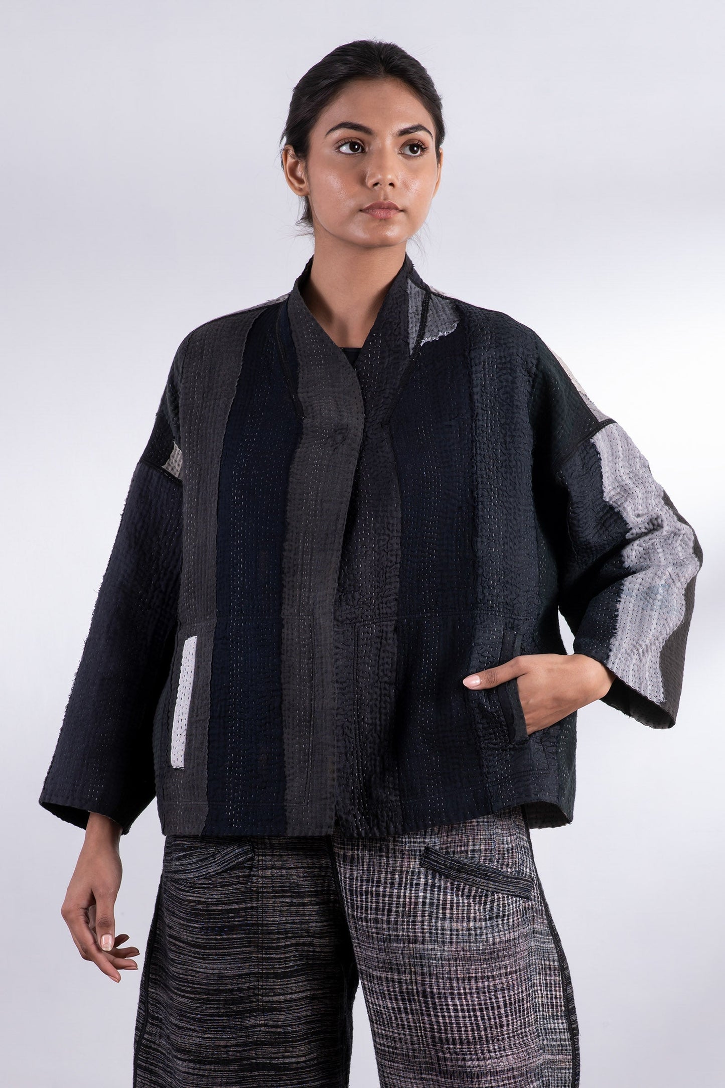STRIPE AND CHECK COTTON SILK PATCH KANTHA STAND COLLAR CROPPED JACKET - ss4034-blk -
