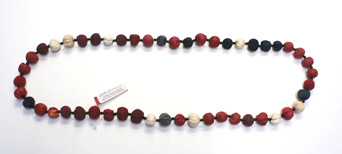 COTTON SILK MIX PATCH KANTHA SMALL NUTS LONG NECKLACE - mx2706-red -