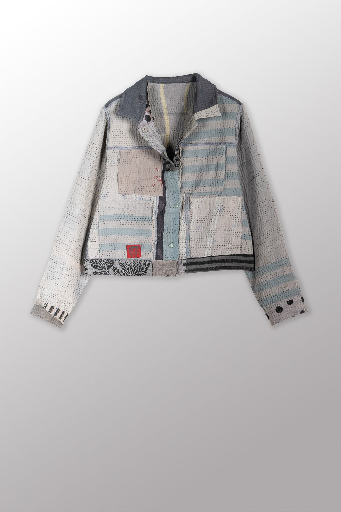FRAYED PATCH KANTHA WITH STAMP TRUCKR JACKET - sp-fi4091-gry -