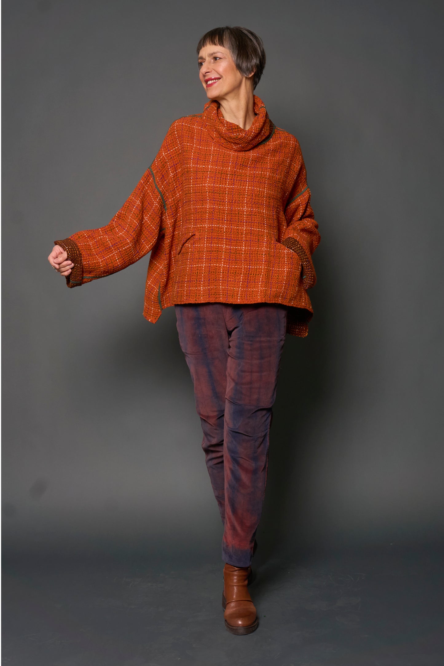 WOOL WAFFLE KANTHA NEW COWL NECK PONCHO - ww3083-org -
