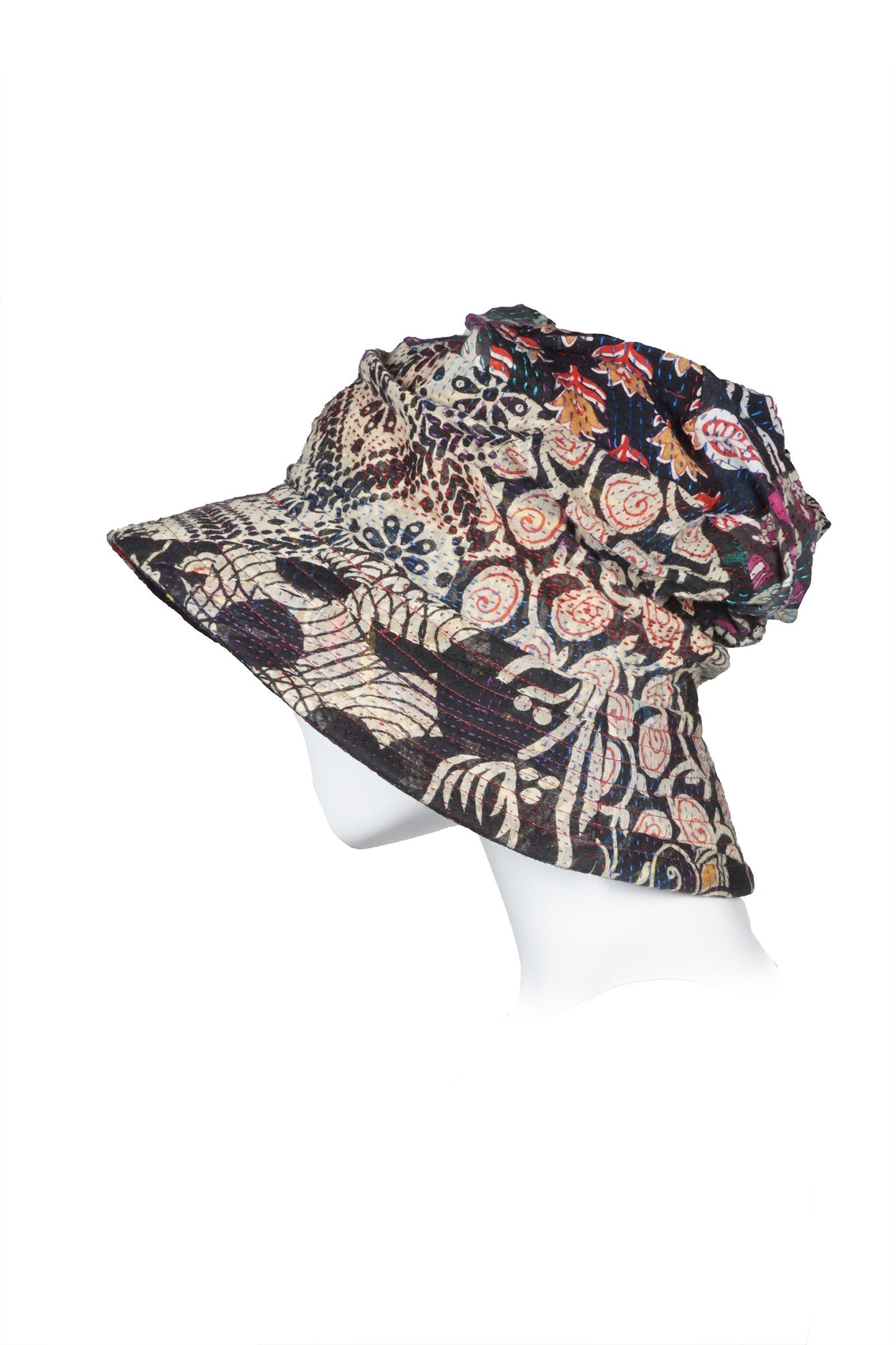 PATCHED & LEAVES KANTHA FULL BRIM HAT - pl2889-blk -