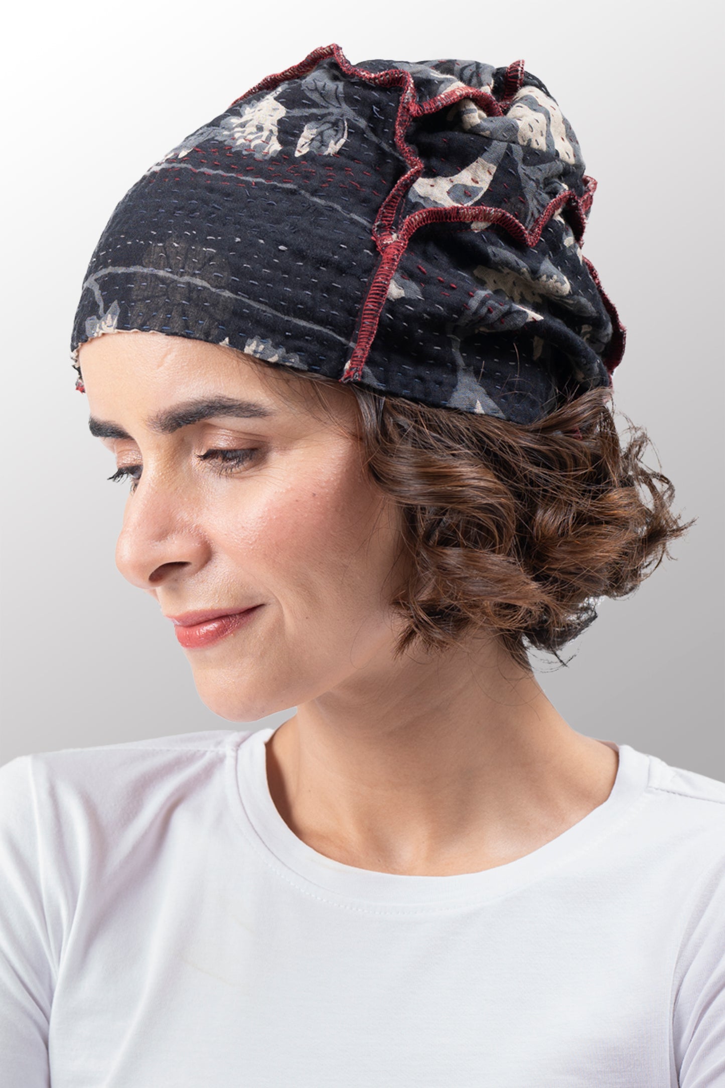 BLACK AND WHITE PRINT PATCH KANTHA PATCHWORK HAT - pn4880-blk -