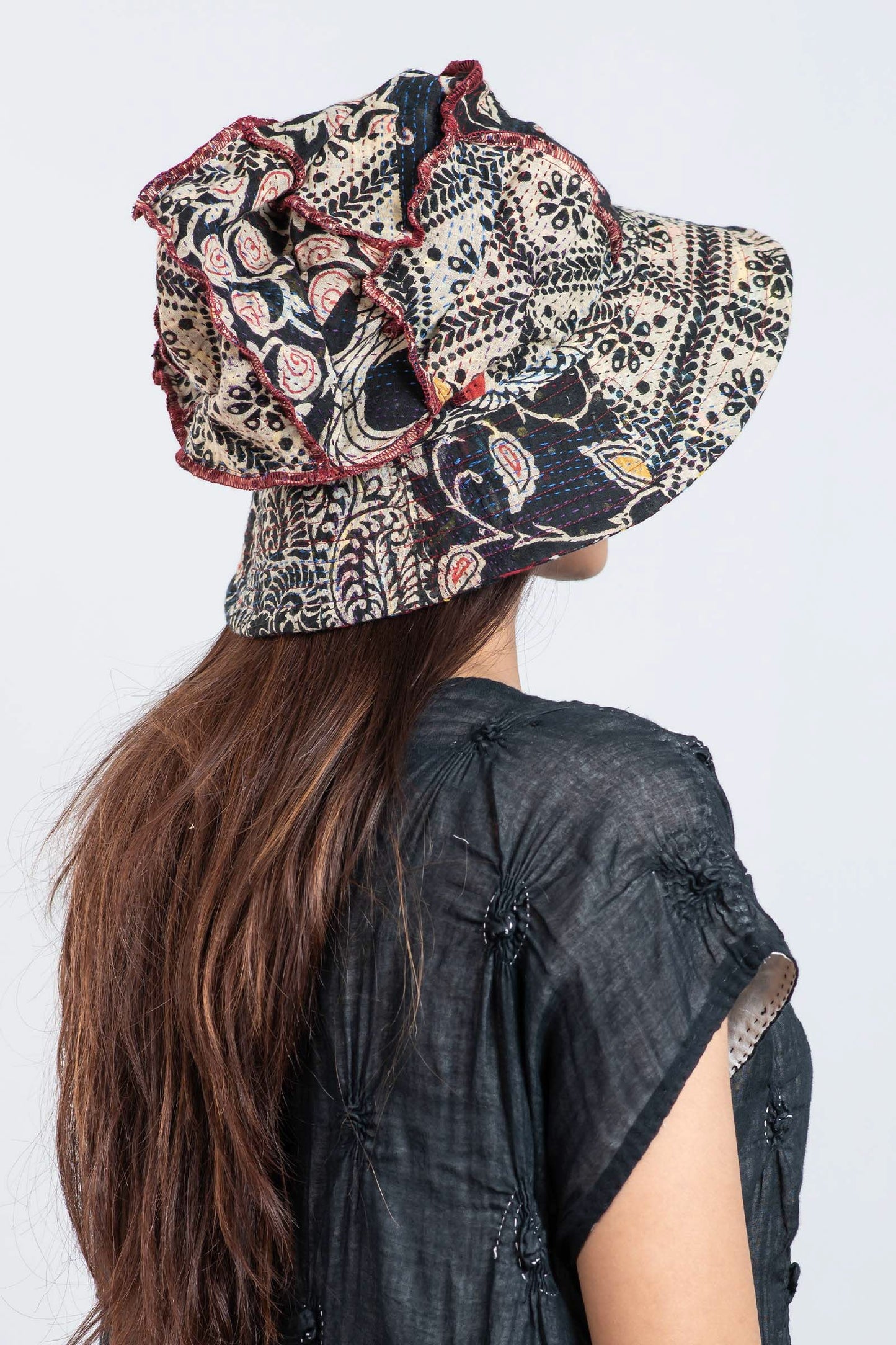 PATCHED & LEAVES KANTHA FULL BRIM HAT - pl2889-blk -