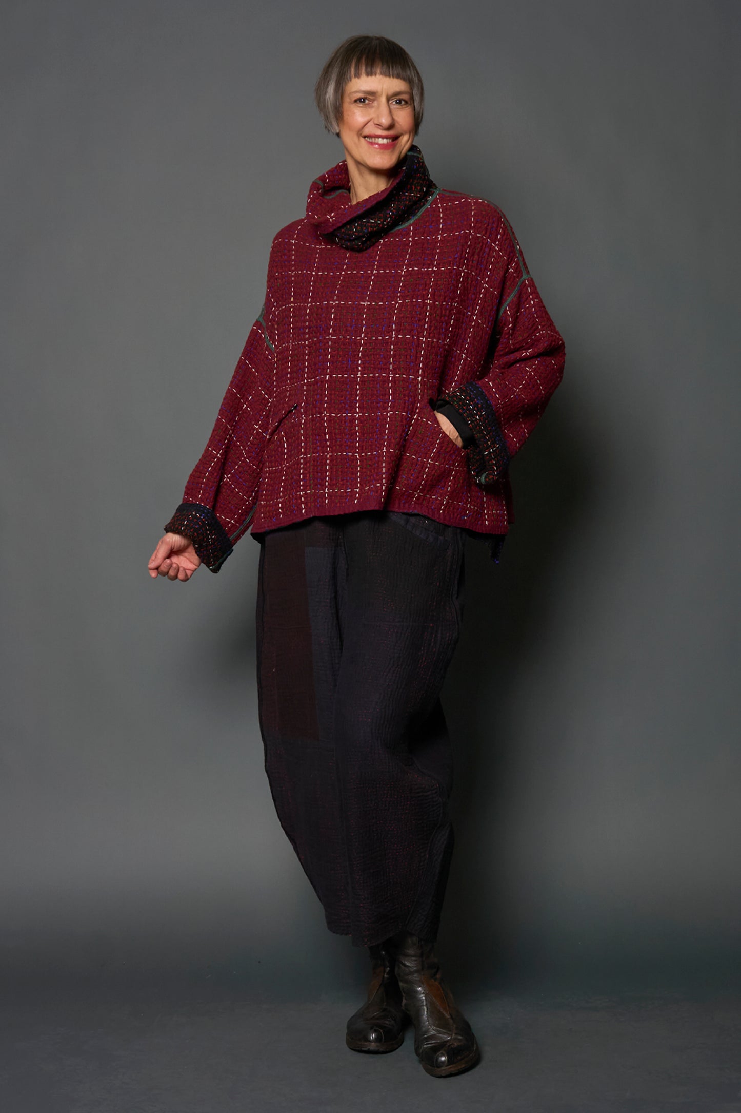 WOOL WAFFLE KANTHA NEW COWL NECK PONCHO - ww3083-red -