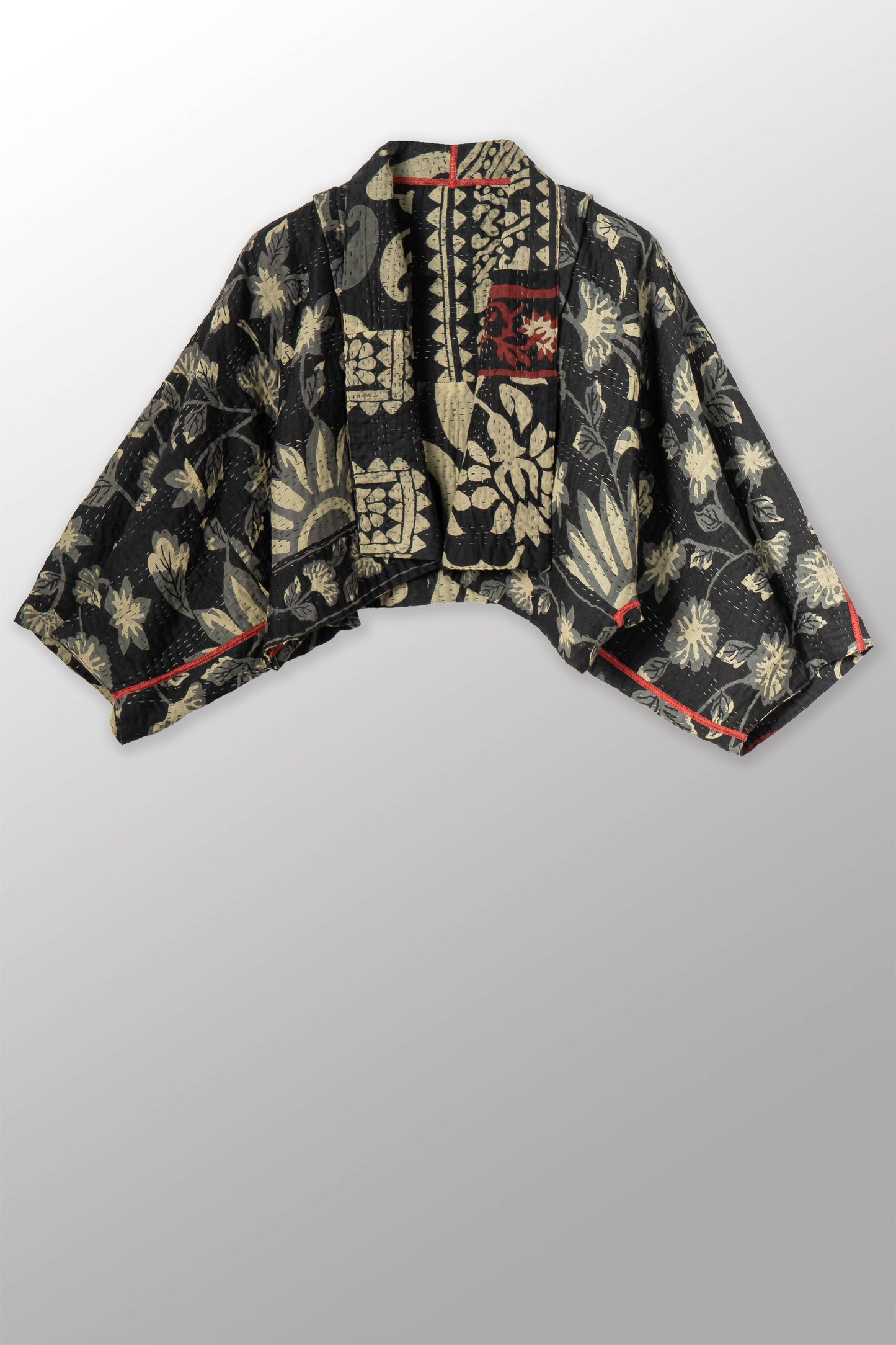BLACK AND WHITE PRINT PATCH KANTHA PUFF SLV. SHRUG - pn4062-red -