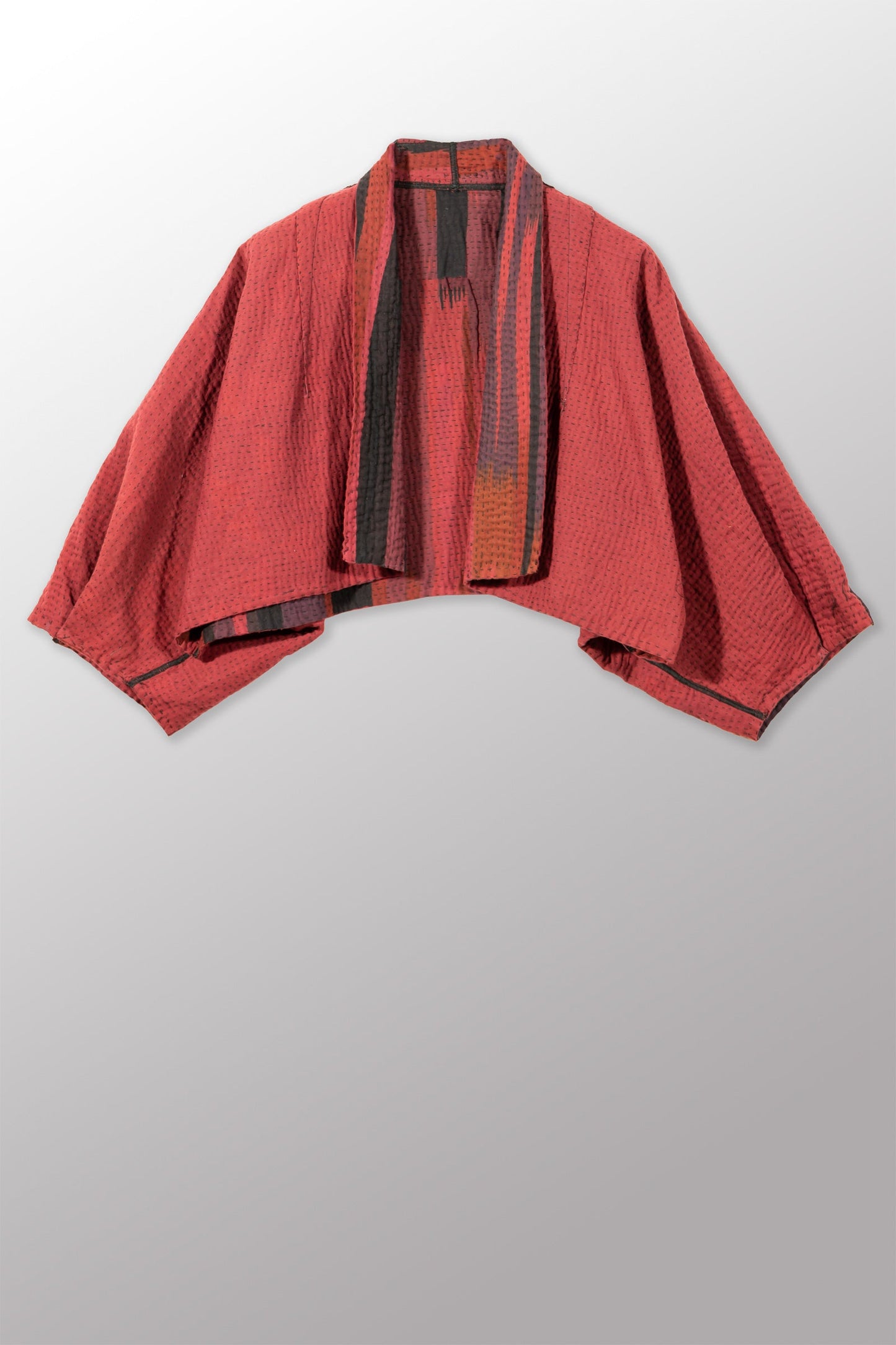 STRIPE AND BENDS KANTHA PUFF SLV. SHRUG - ov-sb4062-red -