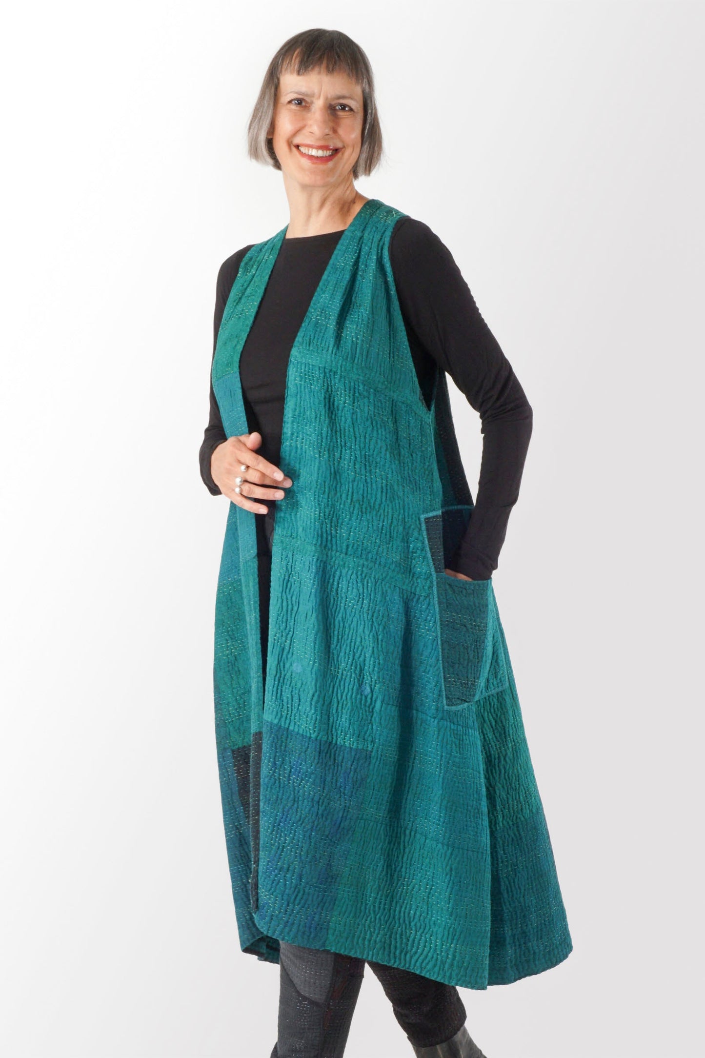 EMERALD GREEN KANTHA BACK PLEATED VEST MAX - eg4222-tel -