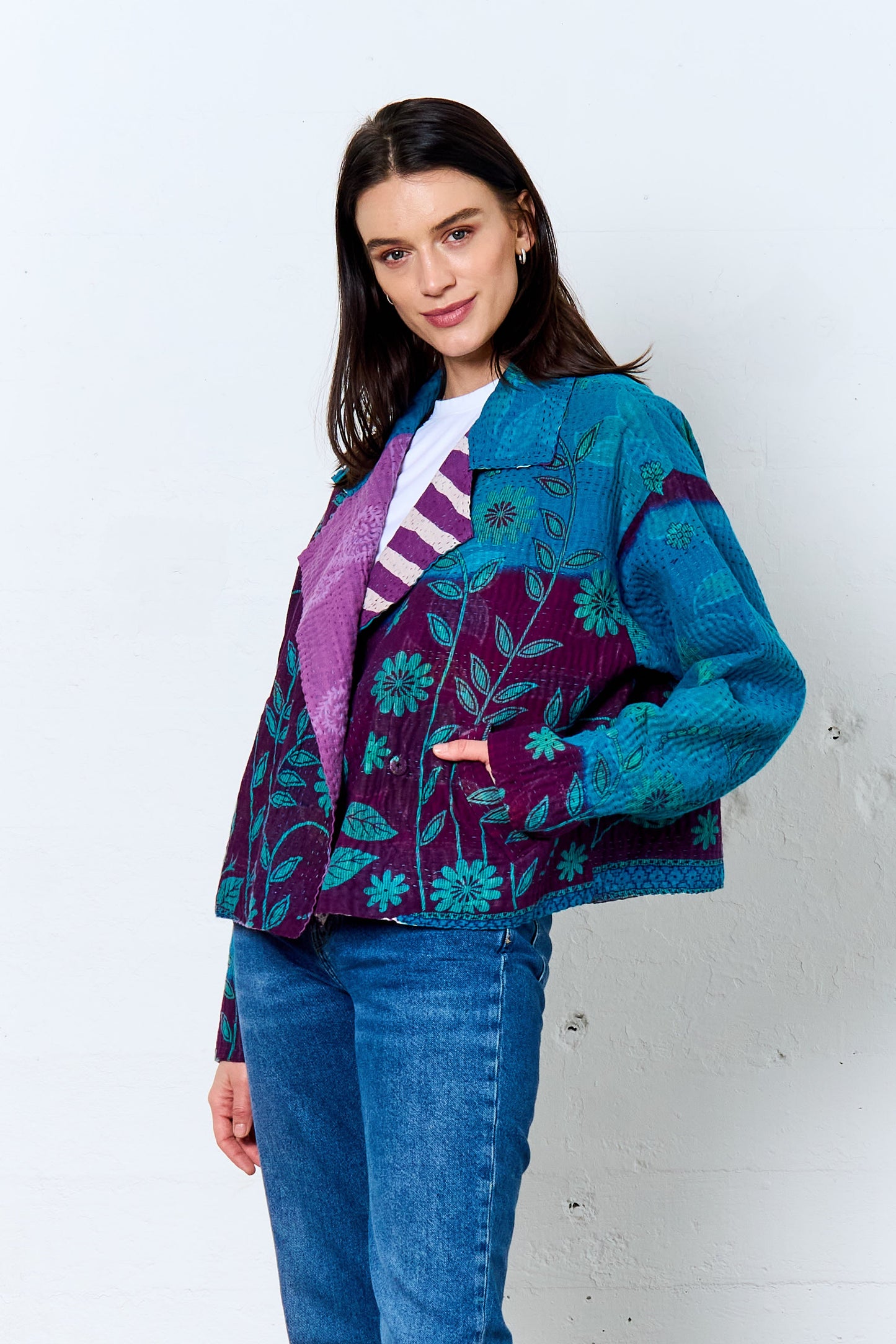 COTTON OVERDYE KANTHA LAPELED SHORT JKT - ov4081-cblu001m -