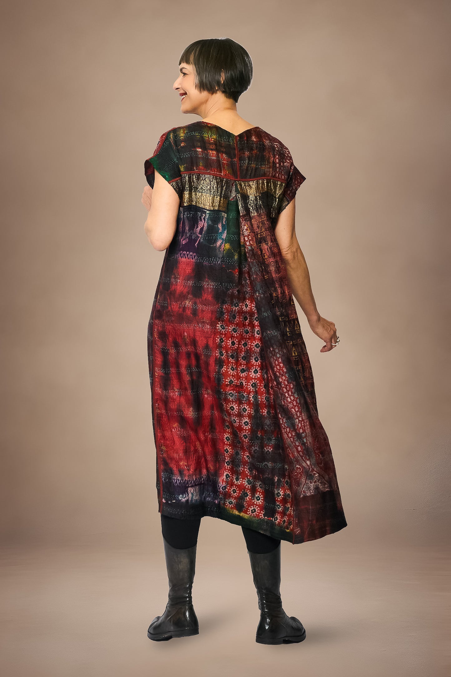 TIE DYE VINTAGE SILK KANTHA V-NECK FRENCH SLV. DRESS - st-sv2467-mrn -