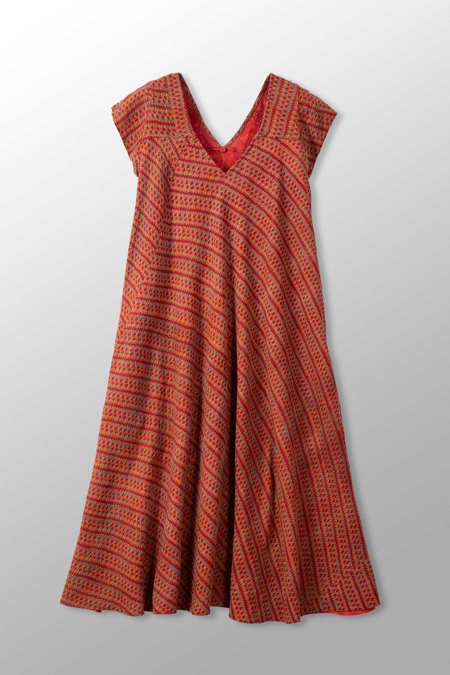 VINTAGE SILK GEORGETTE COTTON KANTHA CAP SLV. FLARE DRESS - gc2425-0003m -