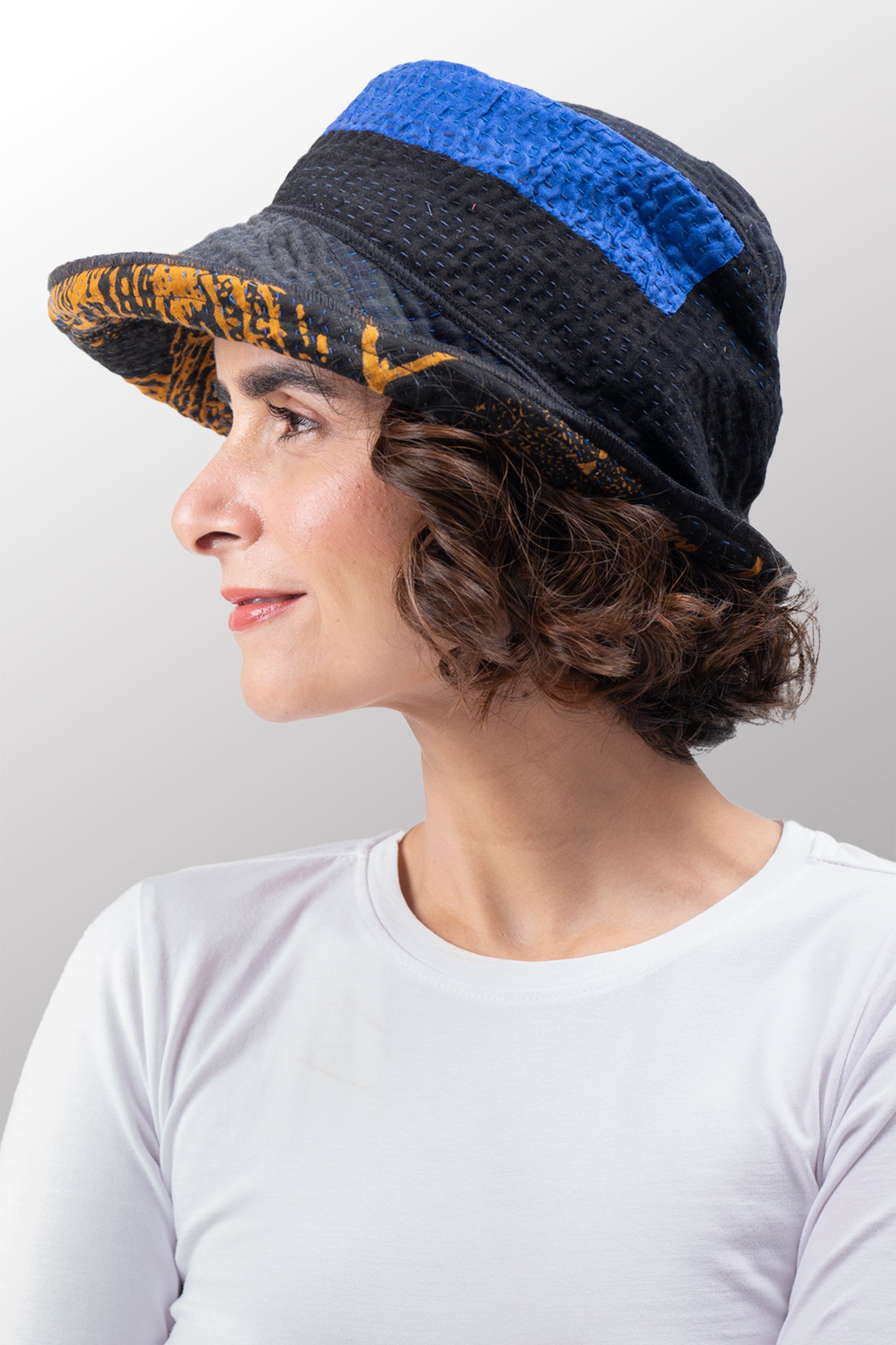 NIGHT FLOWERS KANTHA CIRCULAR CUT BRIM HAT - nl4882-blu -