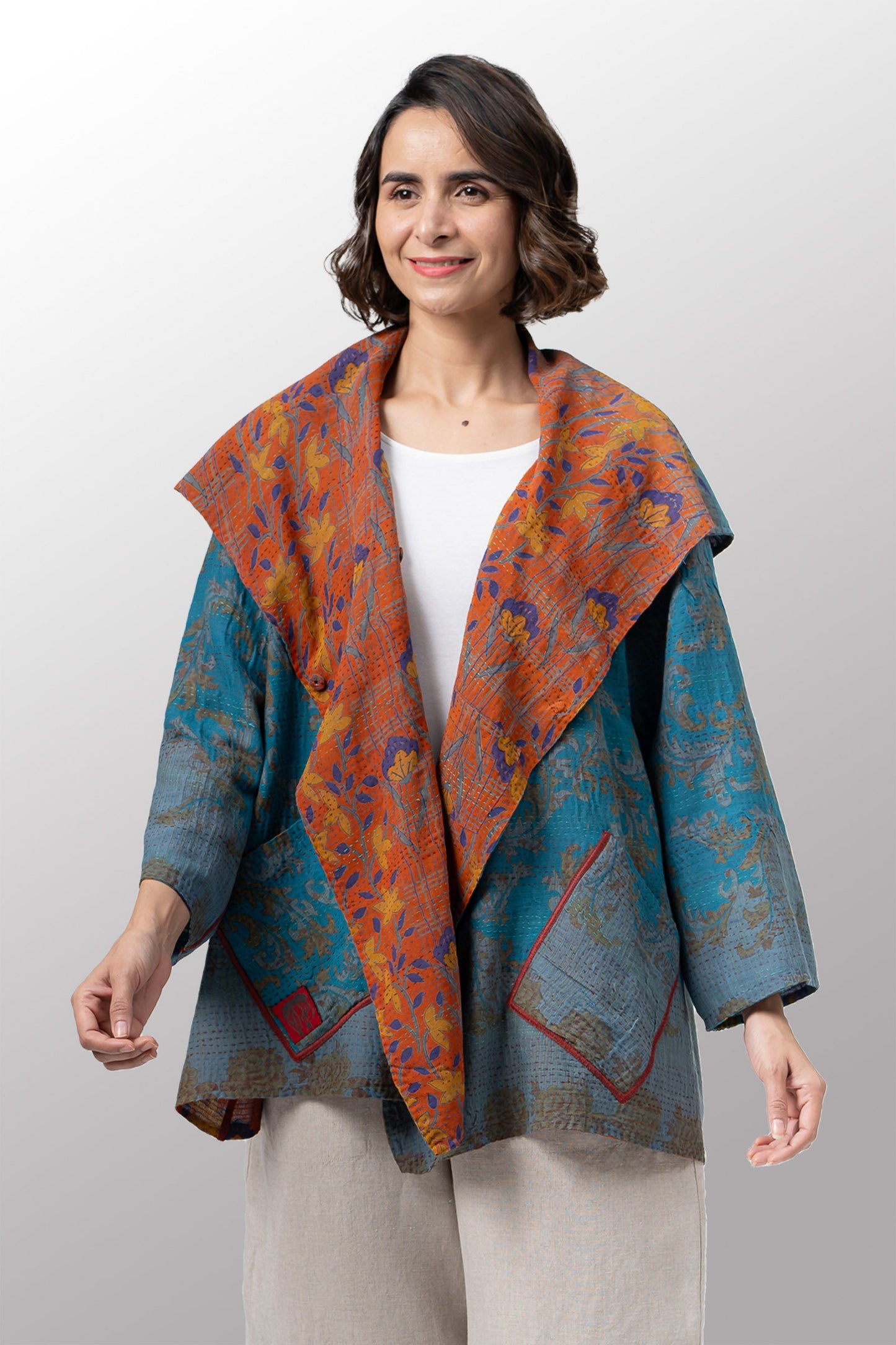 VINTAGE SILK GEORGETTE COTTON KANTHA FLARE JKT - gc2010-0016a -