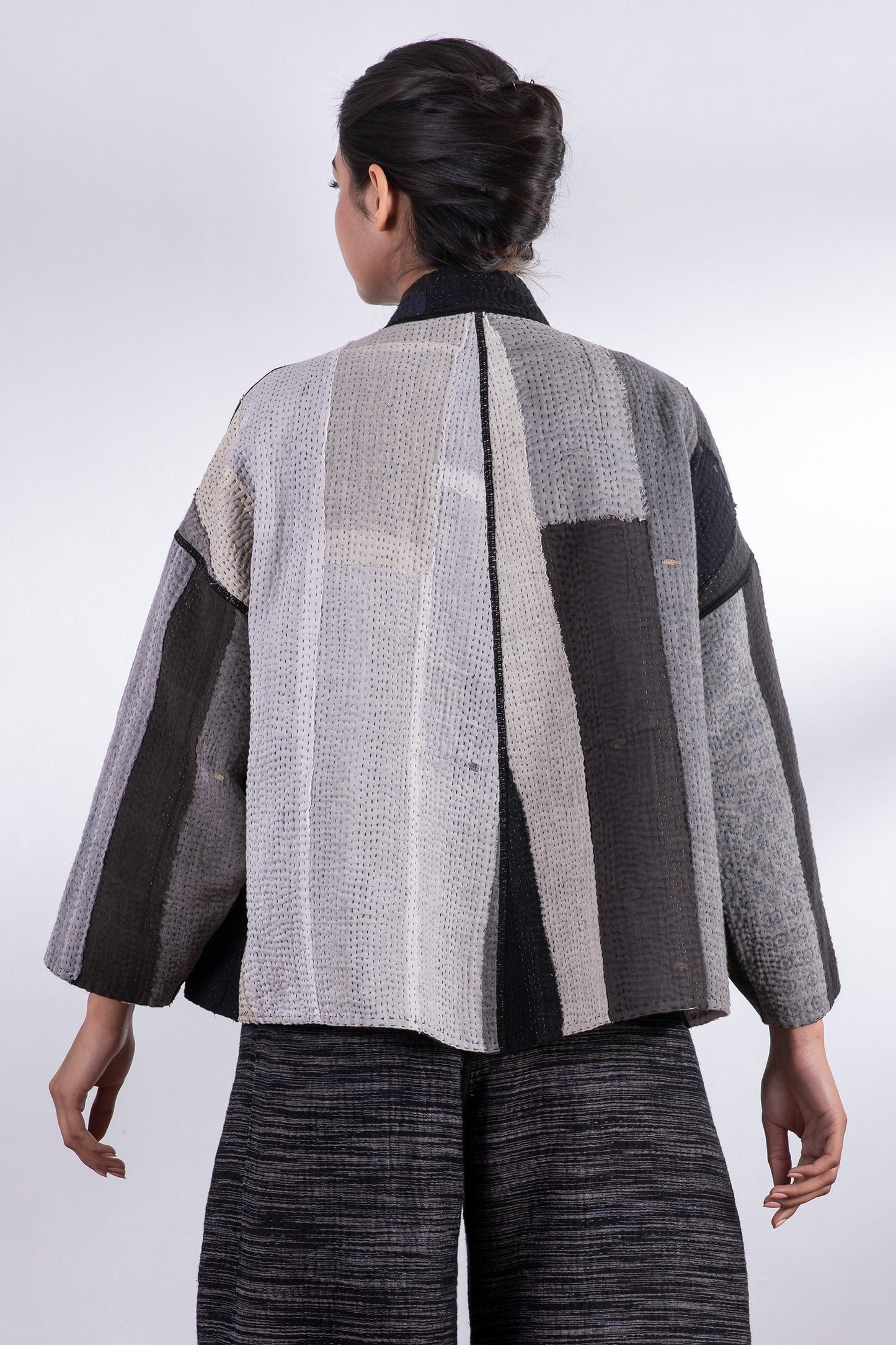 STRIPE AND CHECK COTTON SILK PATCH KANTHA STAND COLLAR CROPPED JACKET - ss4034-blk -