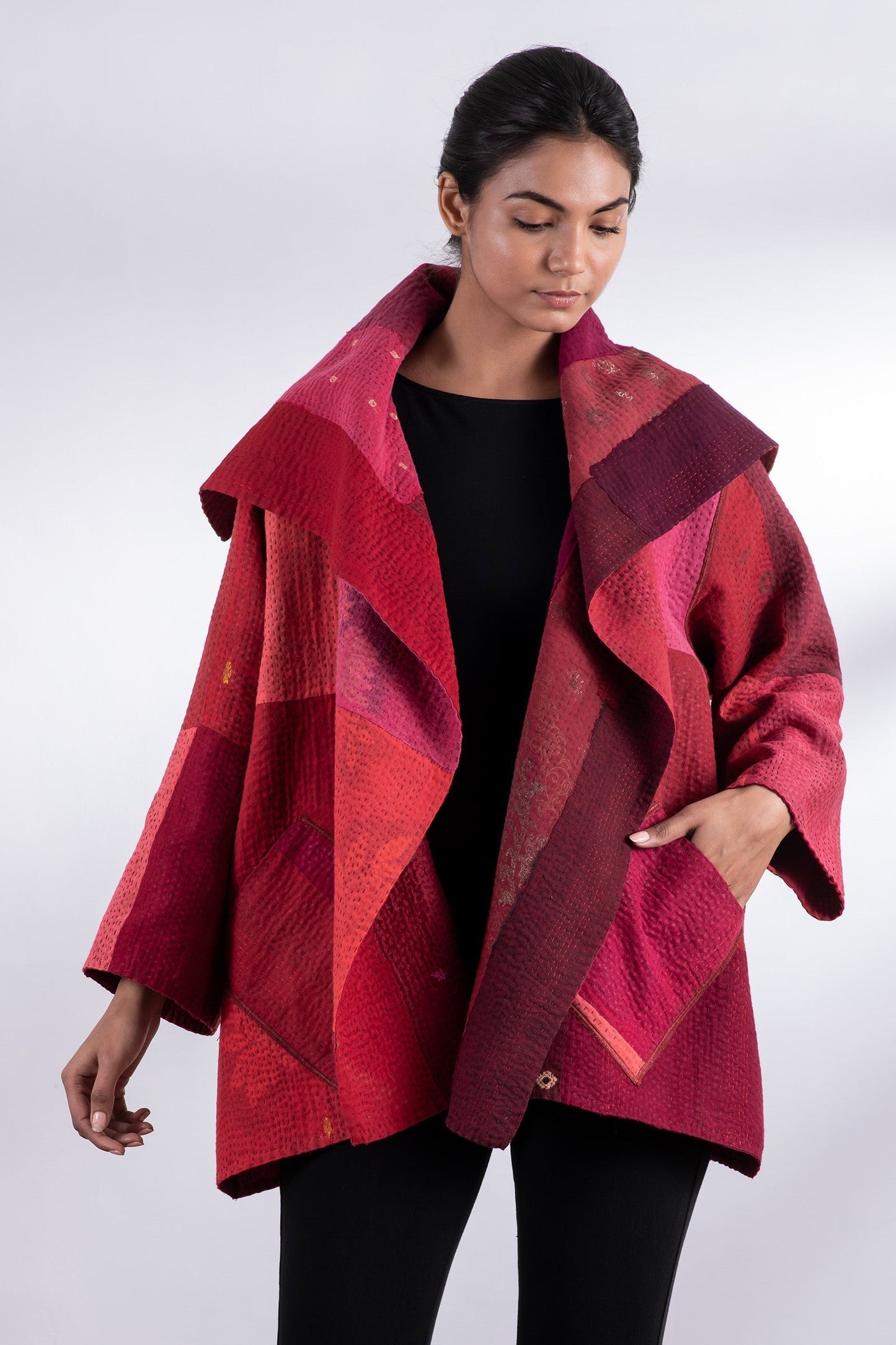 STRIPE AND CHECK COTTON SILK PATCH KANTHA FLARE JACKET - ss4010-red -