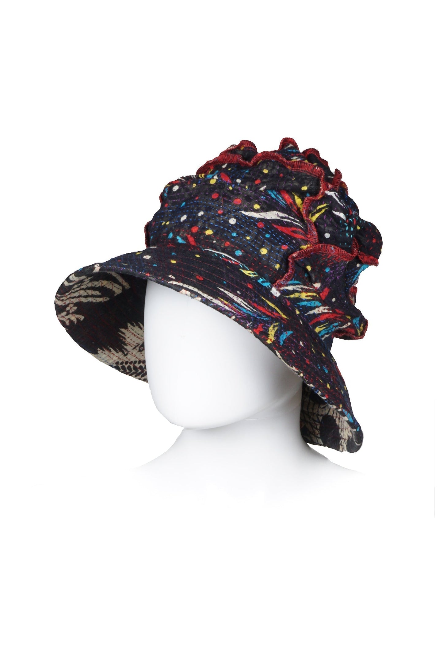 PATCHED & LEAVES KANTHA FULL BRIM HAT - pl2889-blk -