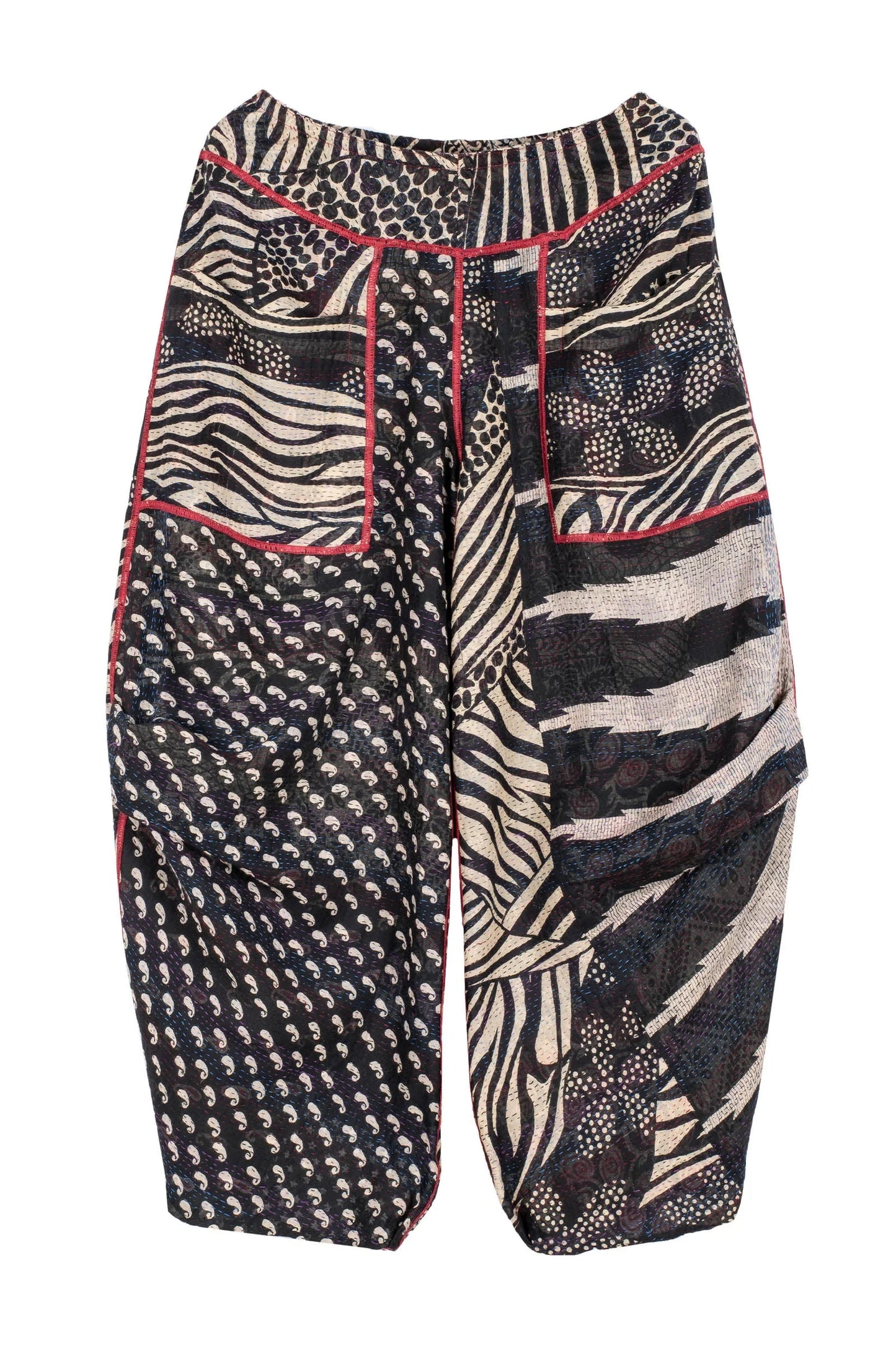 PATCHED PRINT KANTHA KNEE TUCKED PANTS - pp2625-blk -