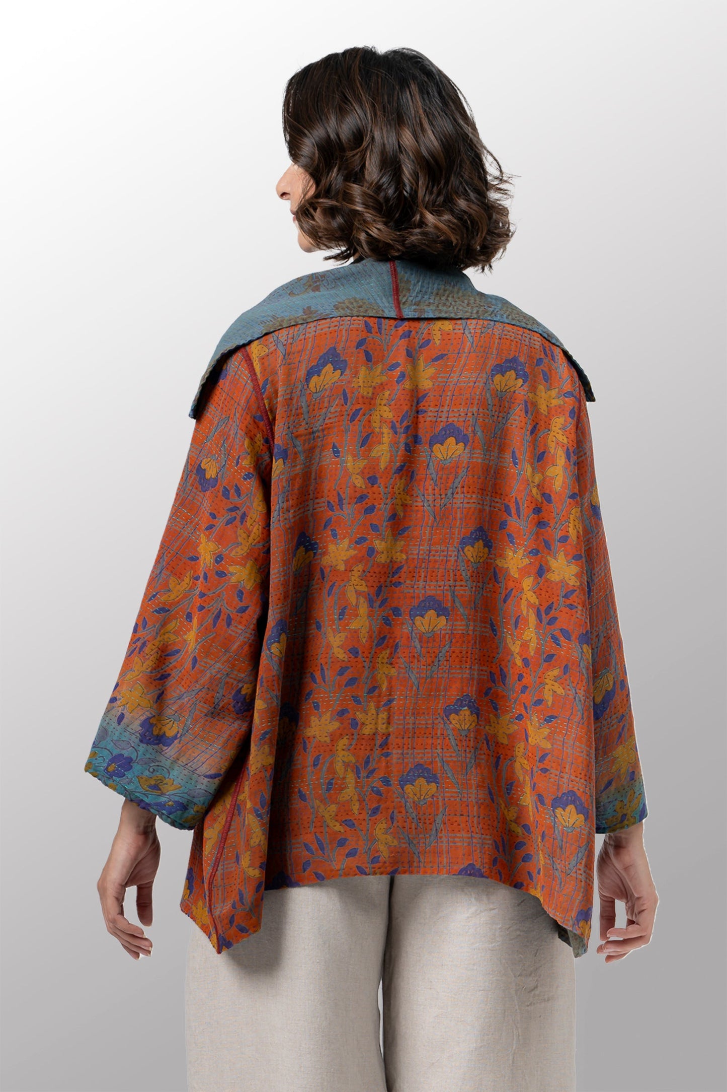 VINTAGE SILK GEORGETTE COTTON KANTHA FLARE JKT - gc2010-0016a -