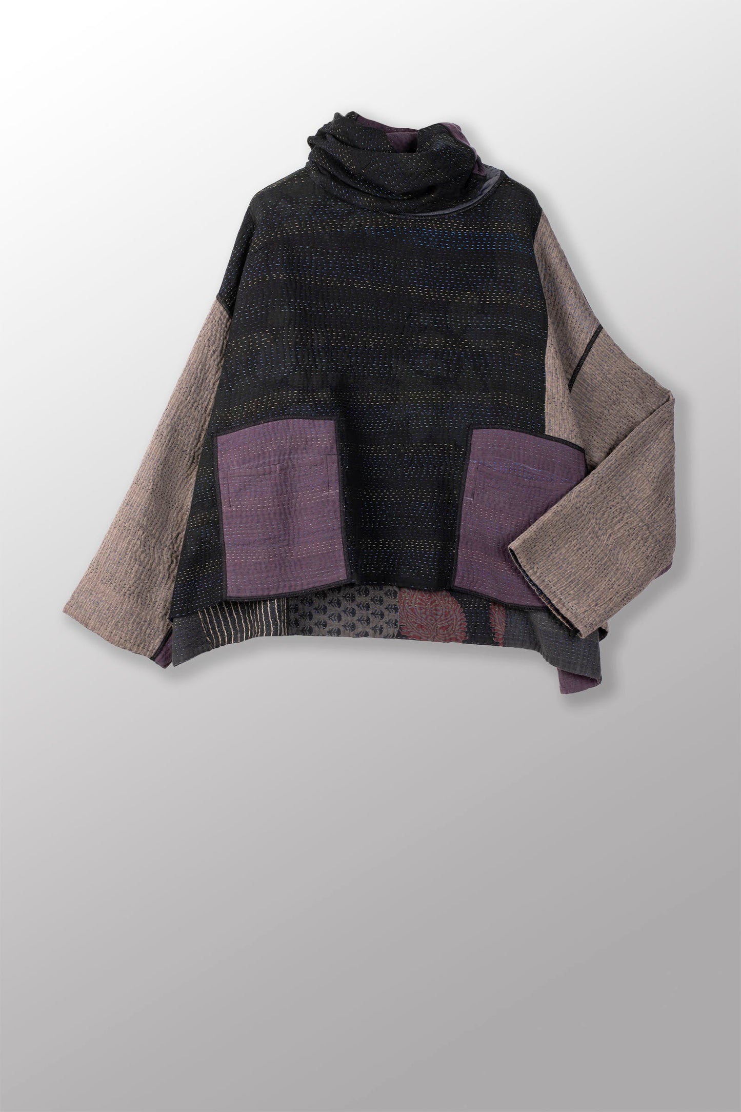 FRAYED PATCH MIX KANTHA NEW COWL NECK PONCHO - fm4083-blk -