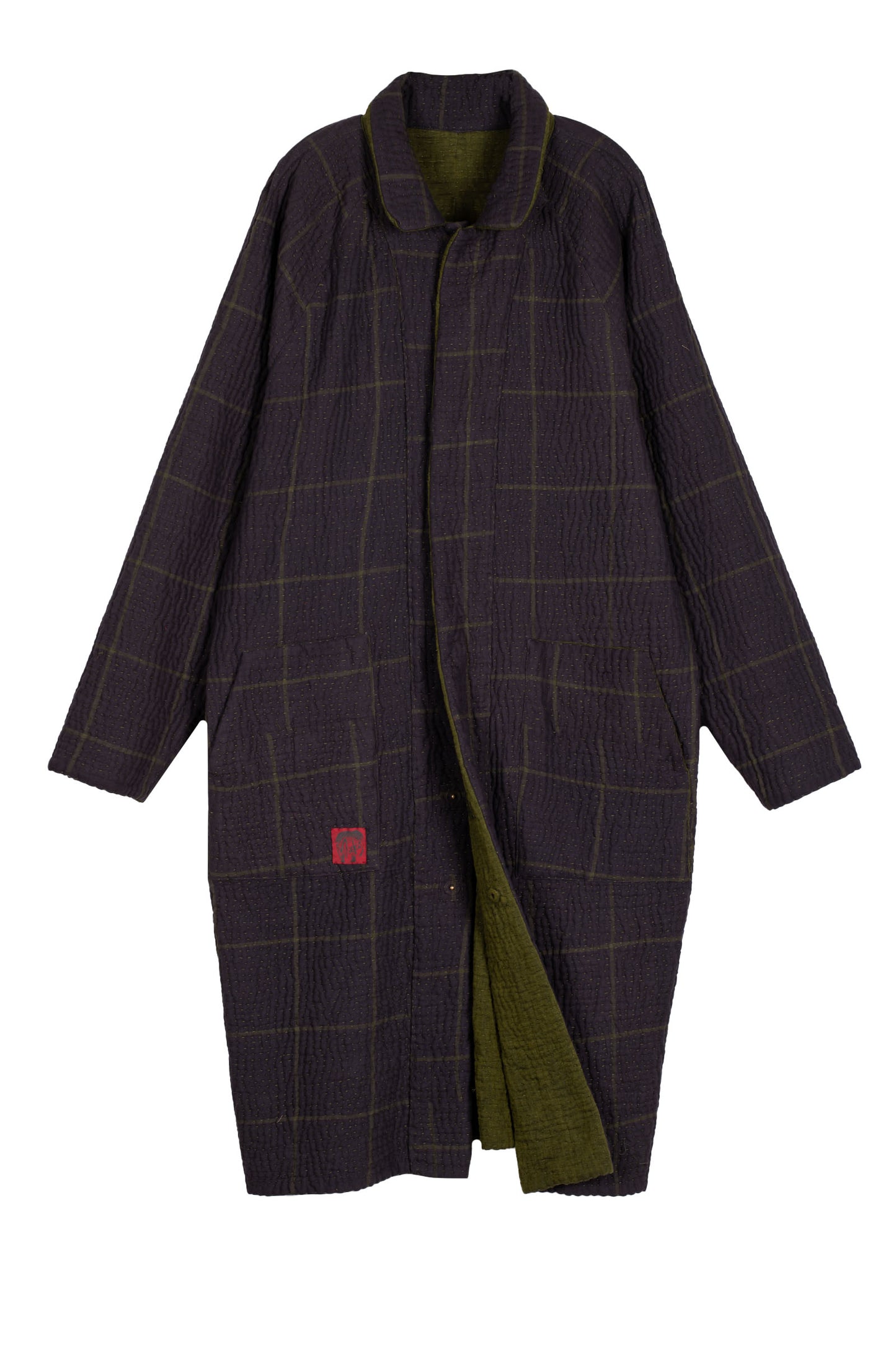 QUILTED VINTAGE COTTON WITH FLANNEL KANTHA RAGLAN SLEEVE COAT - fq5337-grn -