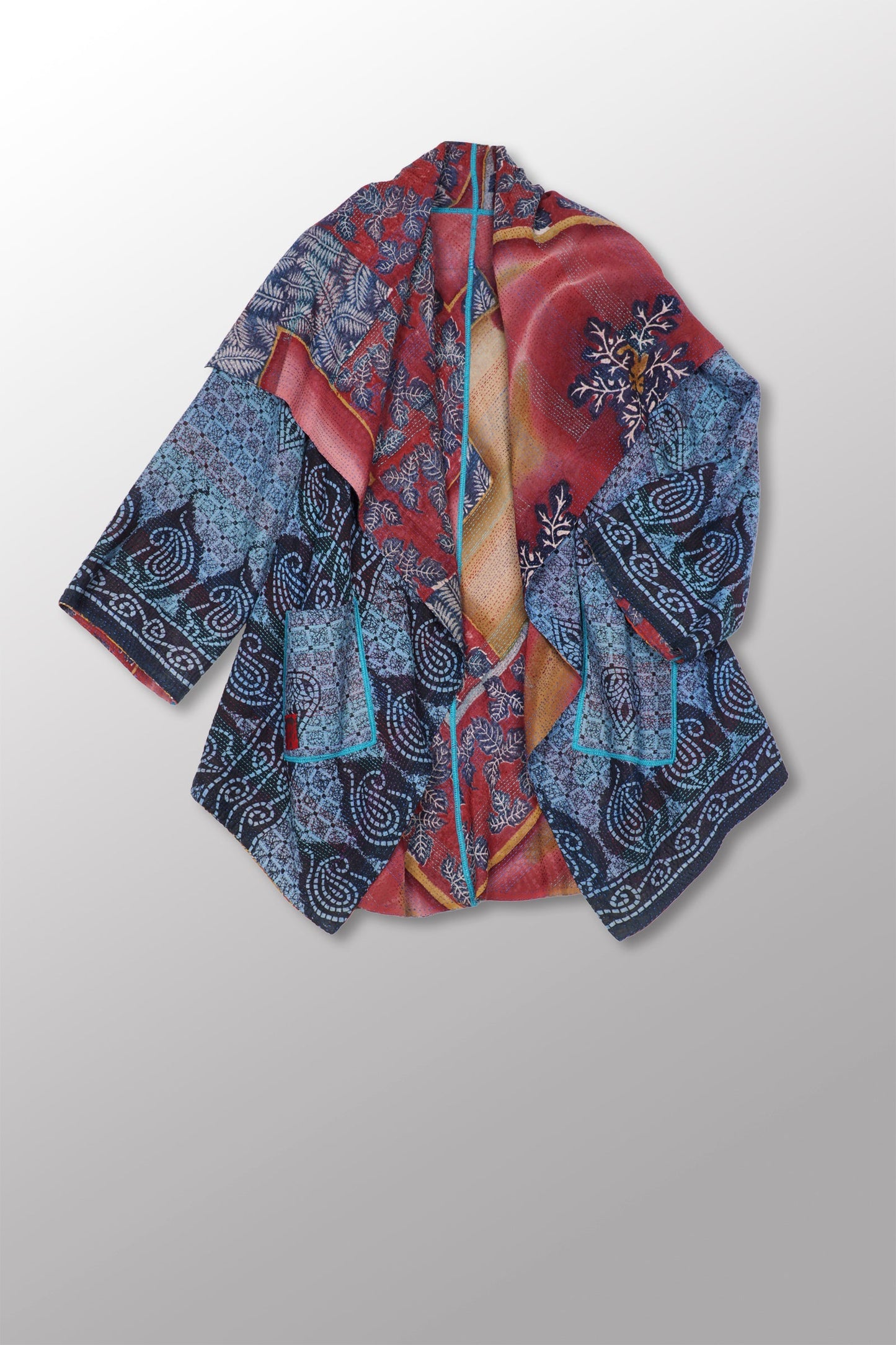 VINTAGE SILK GEORGETTE COTTON KANTHA CIRCULAR LONG JKT - gc2009-9001a -