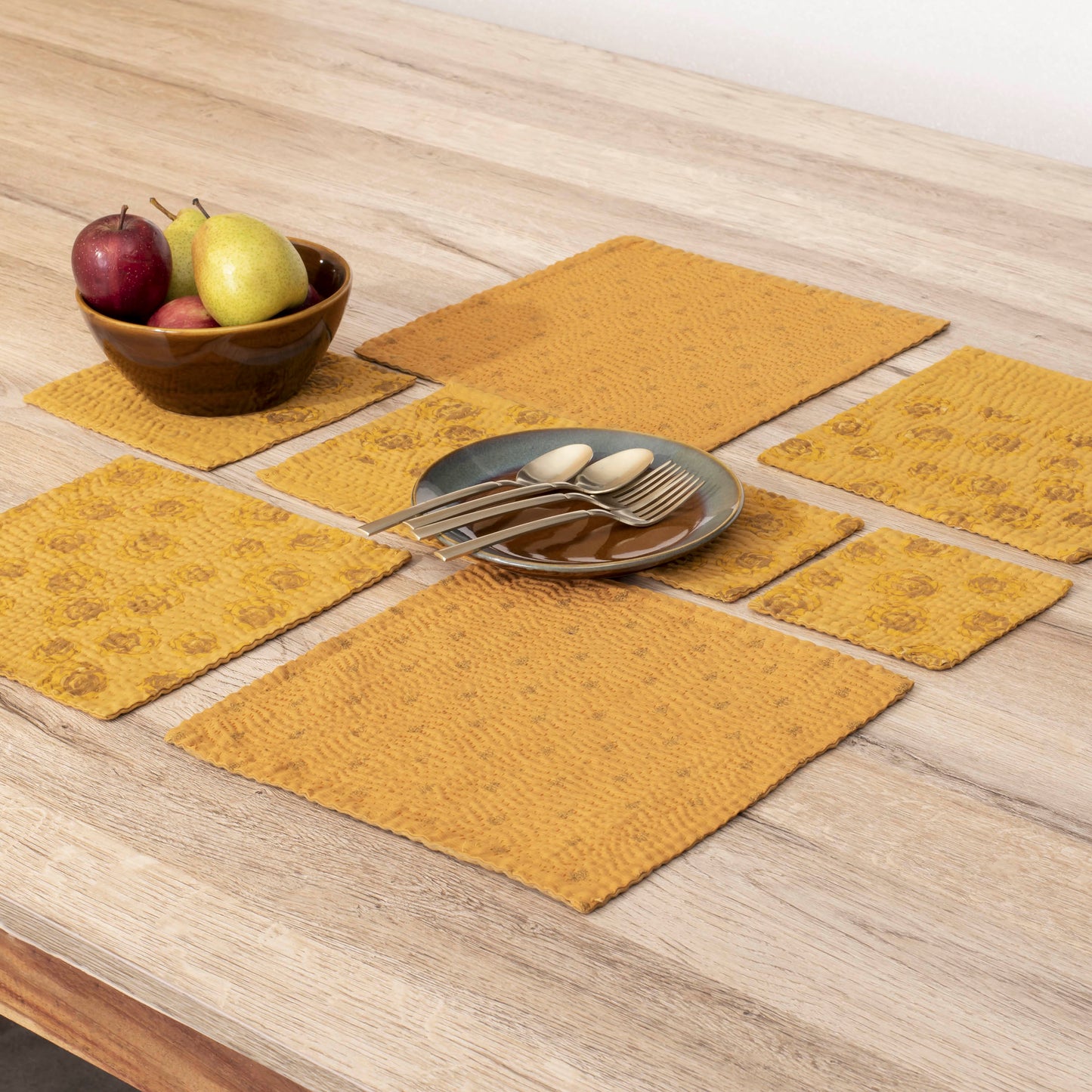 Printed Fray Handmade Kantha Coasters - Golden (Set of 2)