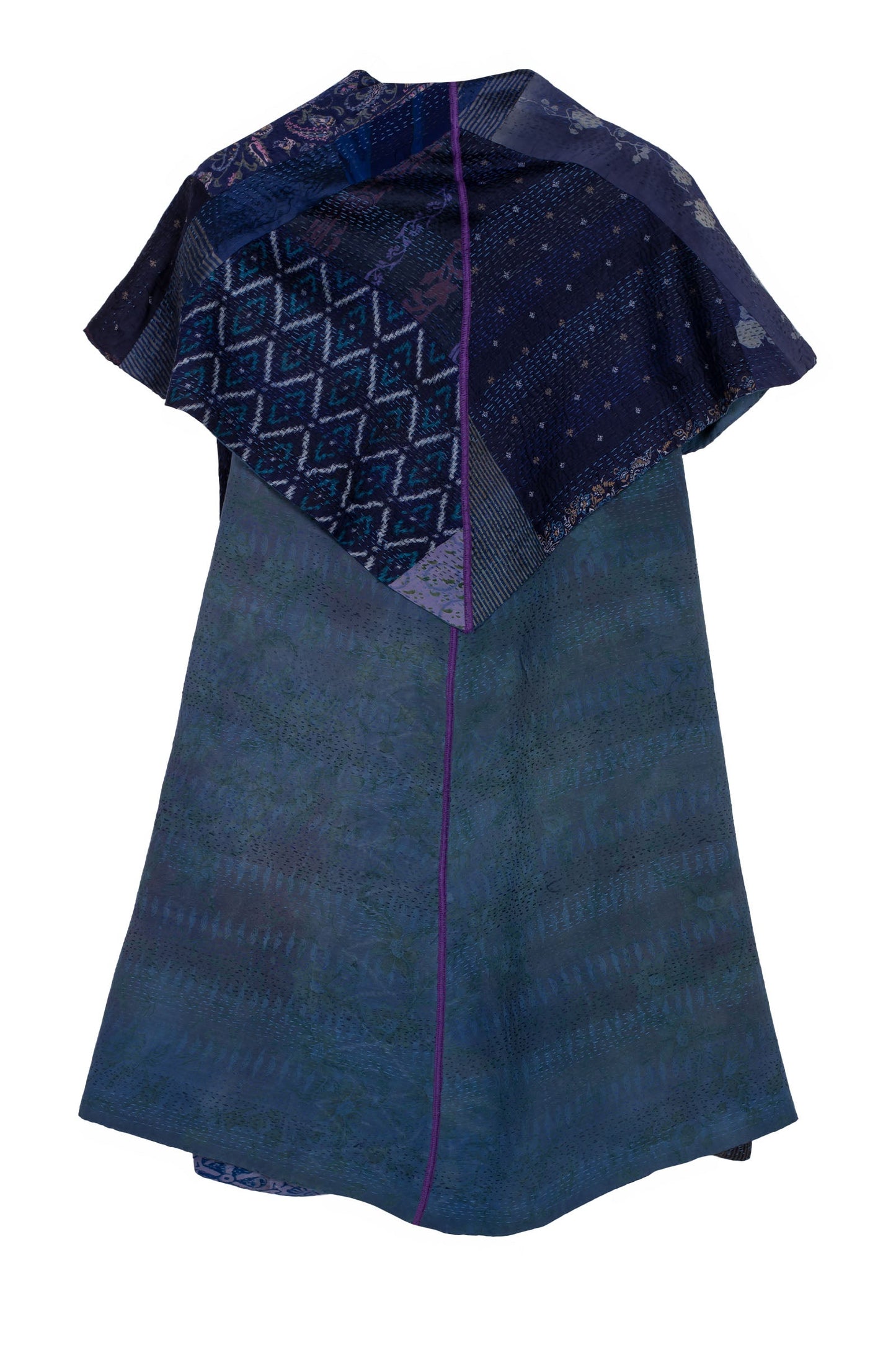 GEORGETTE VINTAGE SILK PATCH KANTHA CIRCULAR VEST - gs2201-nvy -